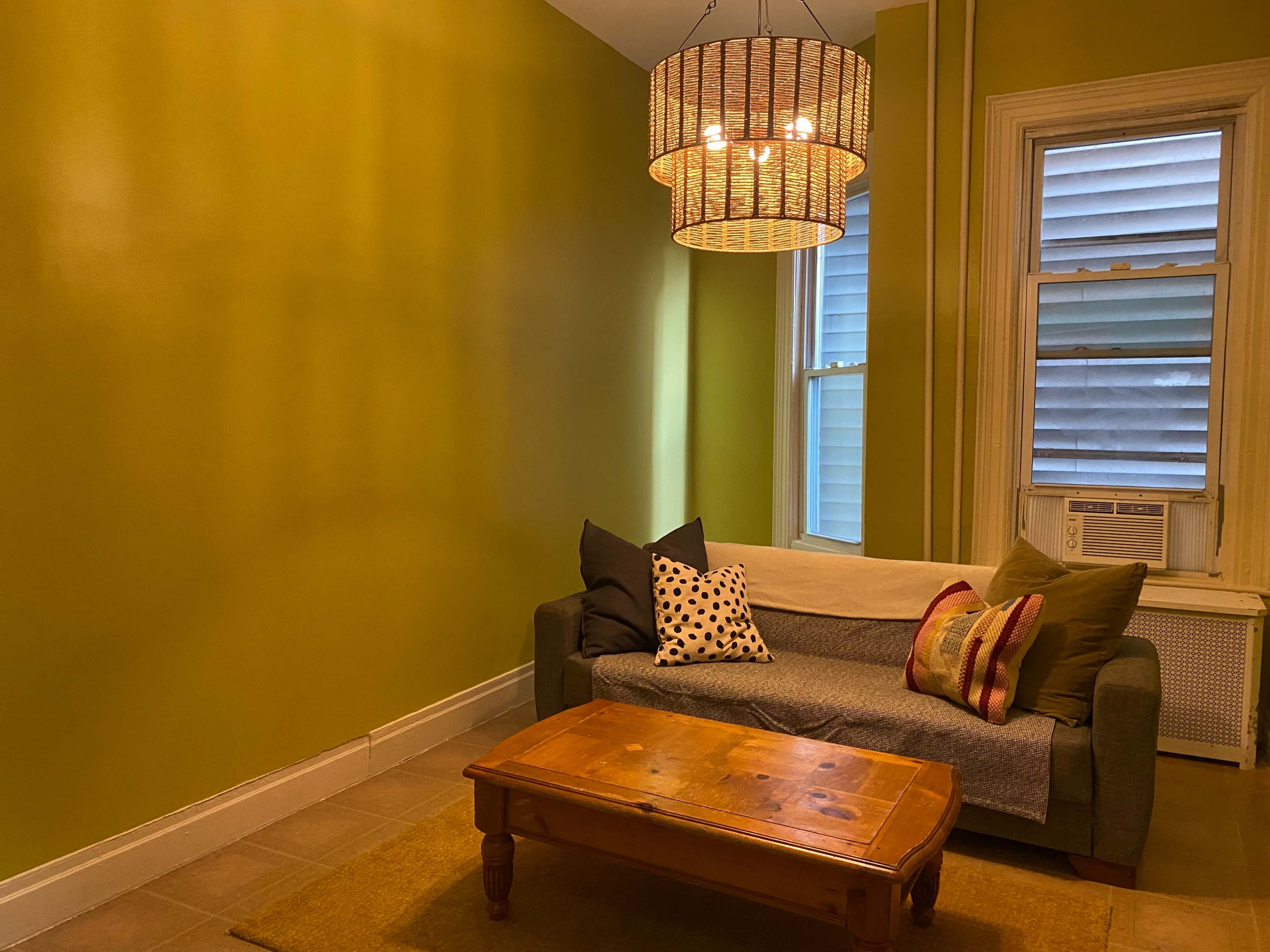 A small living room features a green wall, a gray sofa with patterned cushions, a wooden coffee table, and an overhead pendant light.