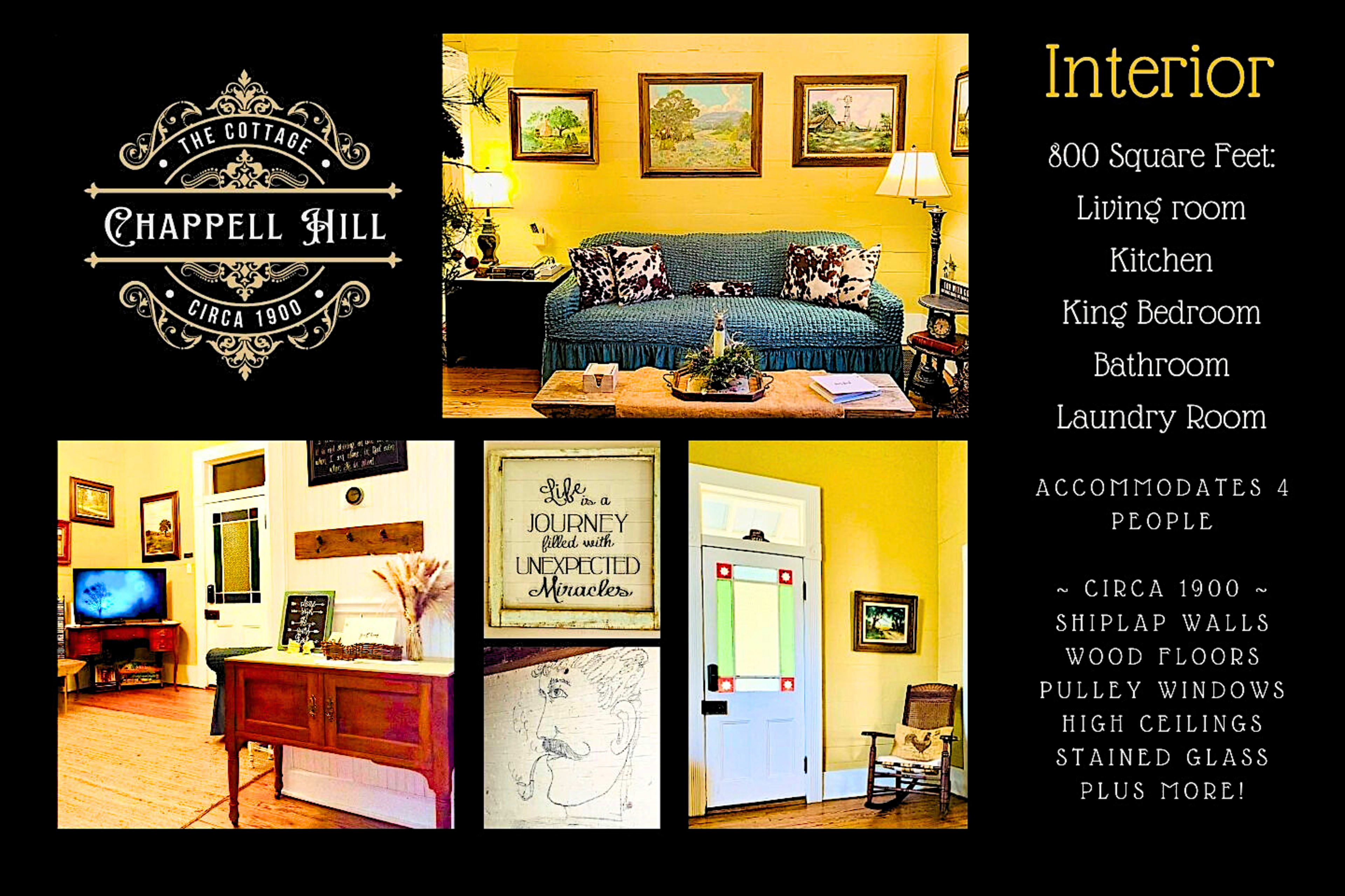 The image displays the interior of a cottage featuring a living room, kitchen, king bedroom, bathroom, and laundry room, highlighting rustic decor and architectural details.