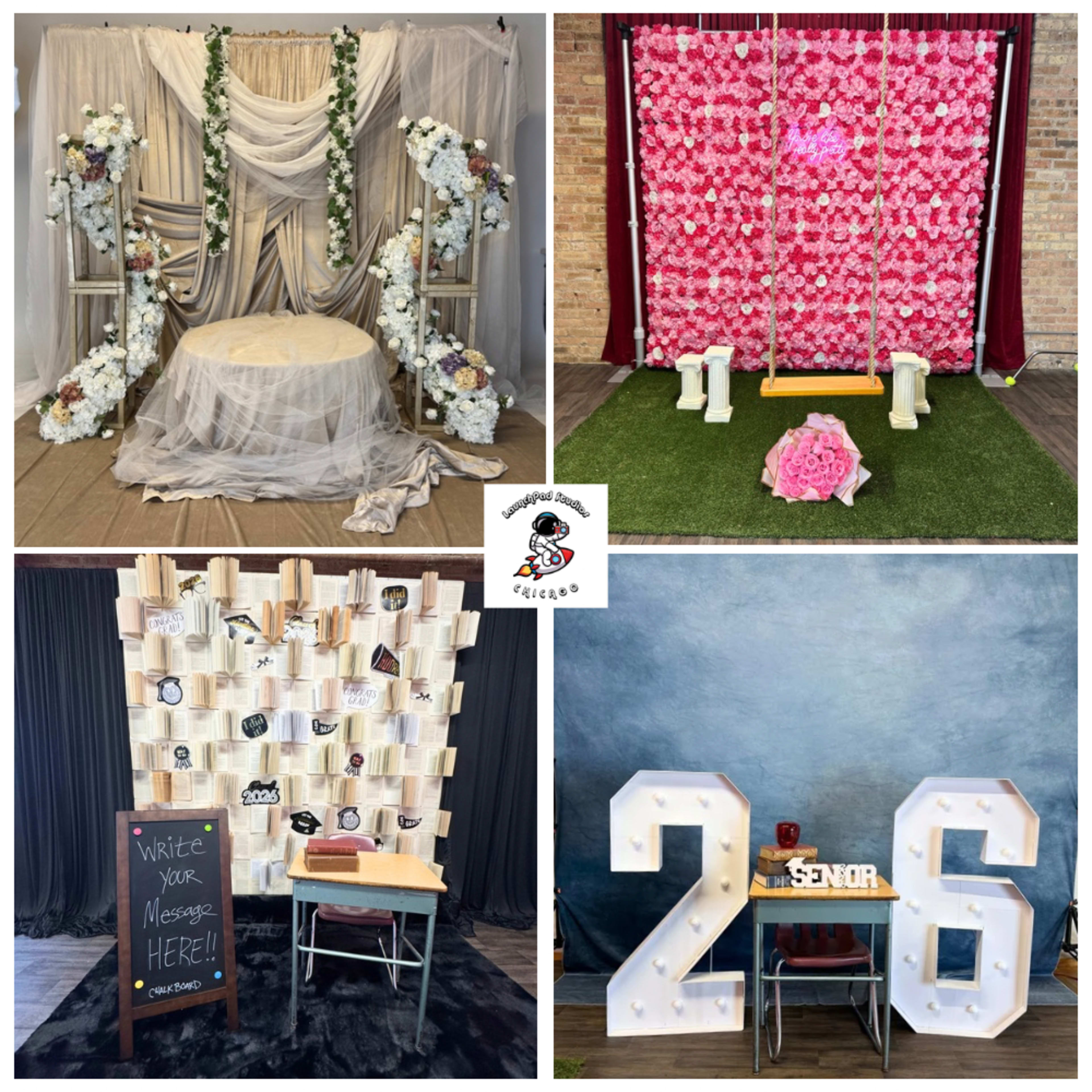 The image features four event decoration setups, including floral backdrops, message boards, and themed displays for celebrations.