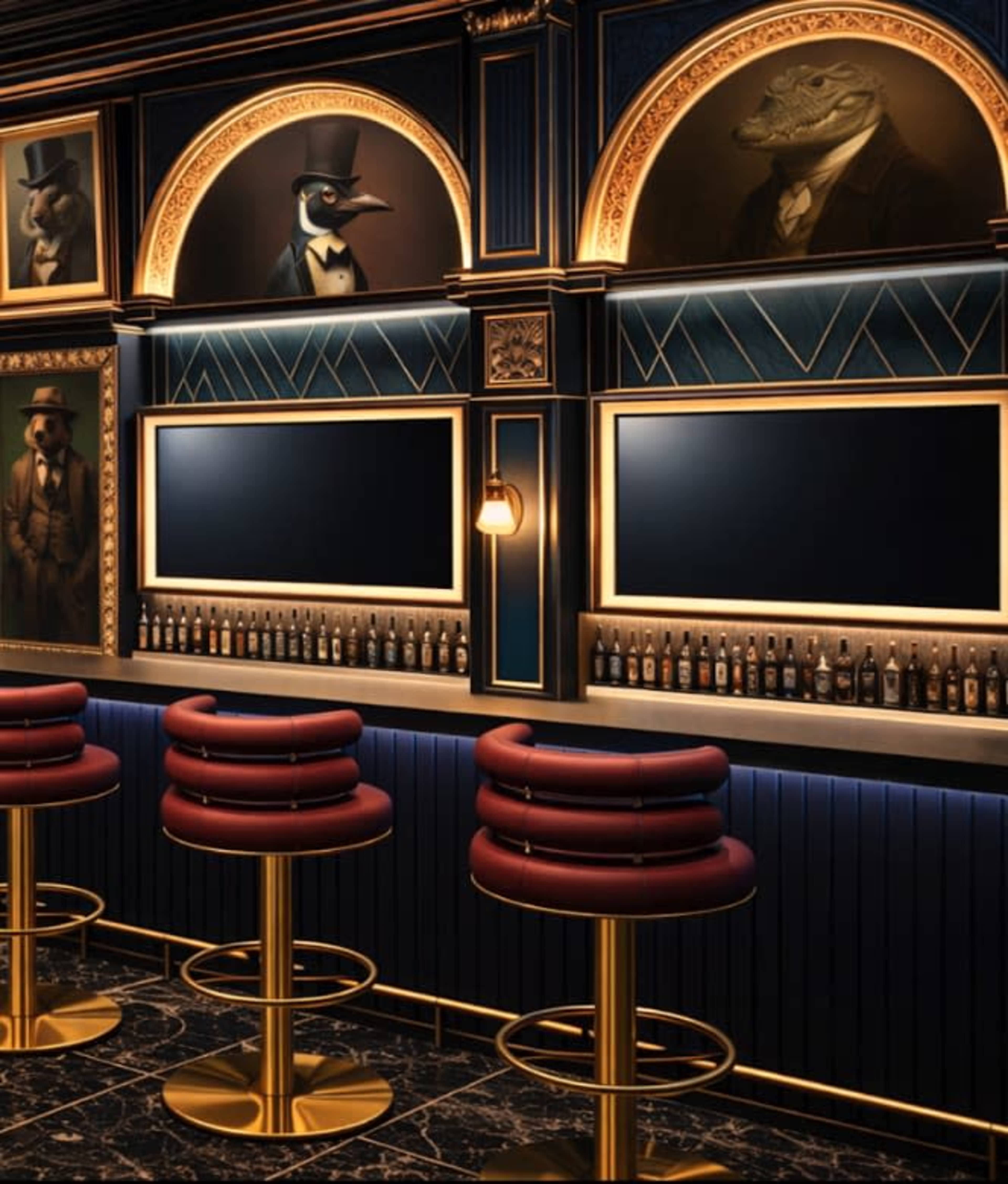 A stylish bar interior features elegant red upholstered stools, a dark marble floor, and framed animal portraits on the walls.