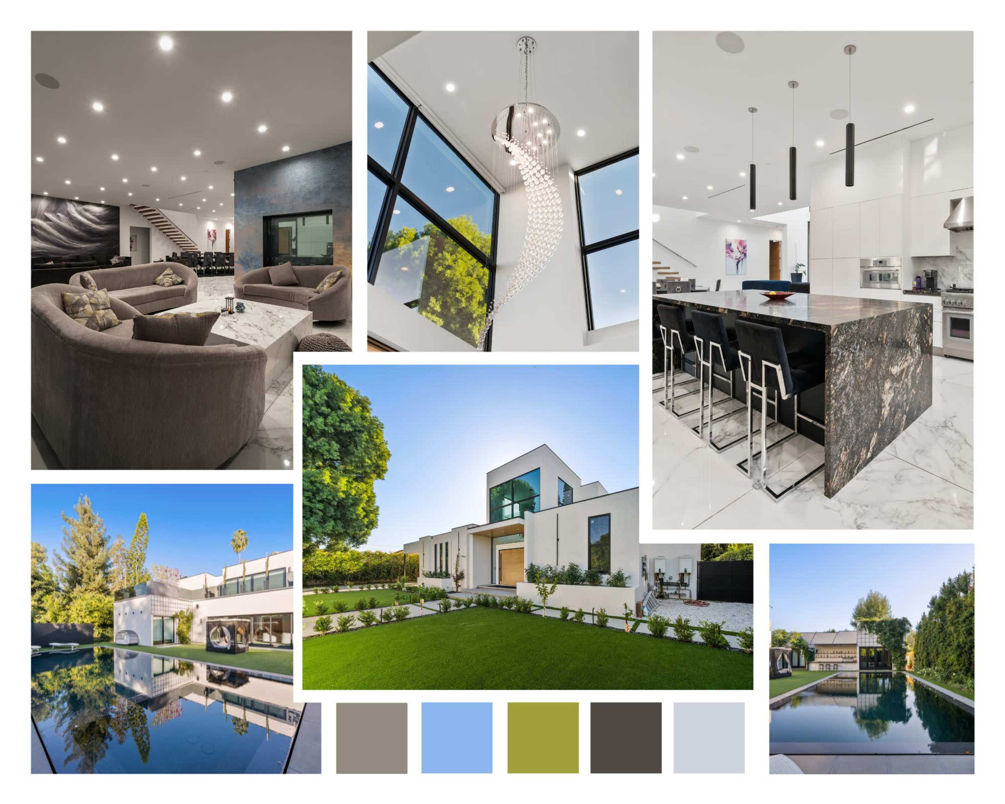 A modern luxury home showcasing various interior and exterior views, including a spacious living room, a sleek kitchen with an island, and a well-maintained garden with a pool.