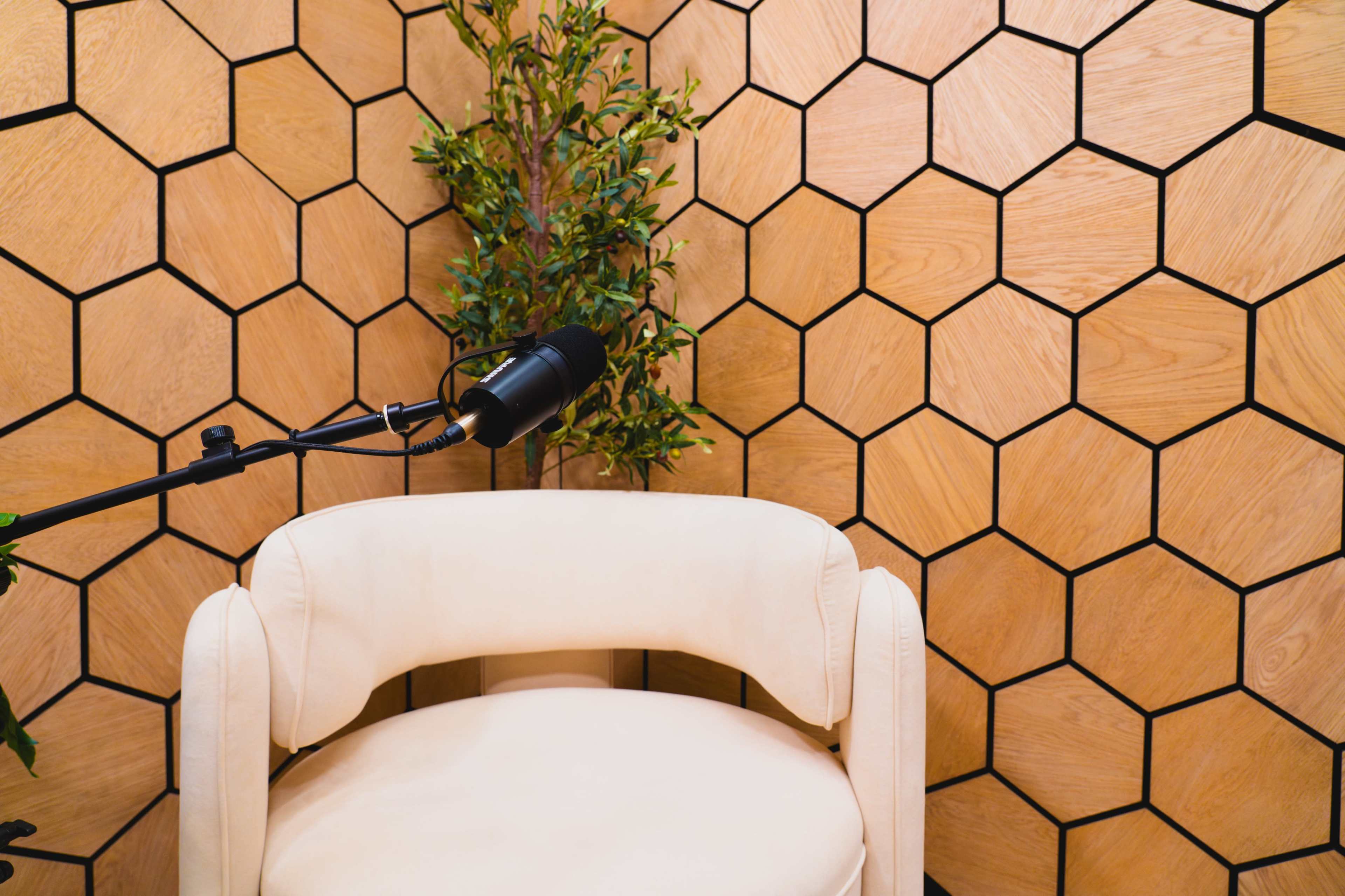 The image shows a cream-colored chair positioned against a hexagonal wooden wall with a small plant and a microphone nearby.