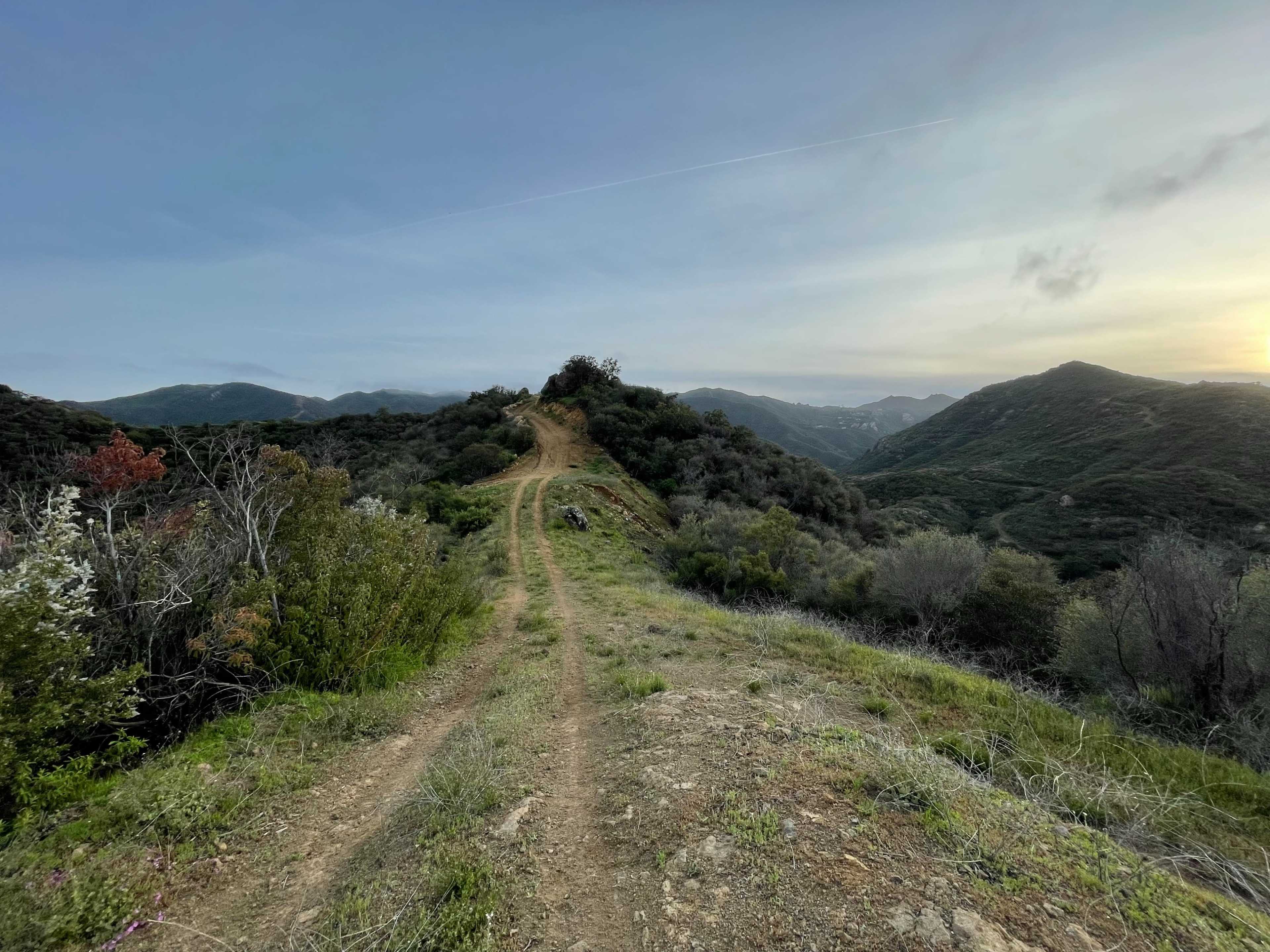 A dirt path winds through grassy hills under a clear sky.