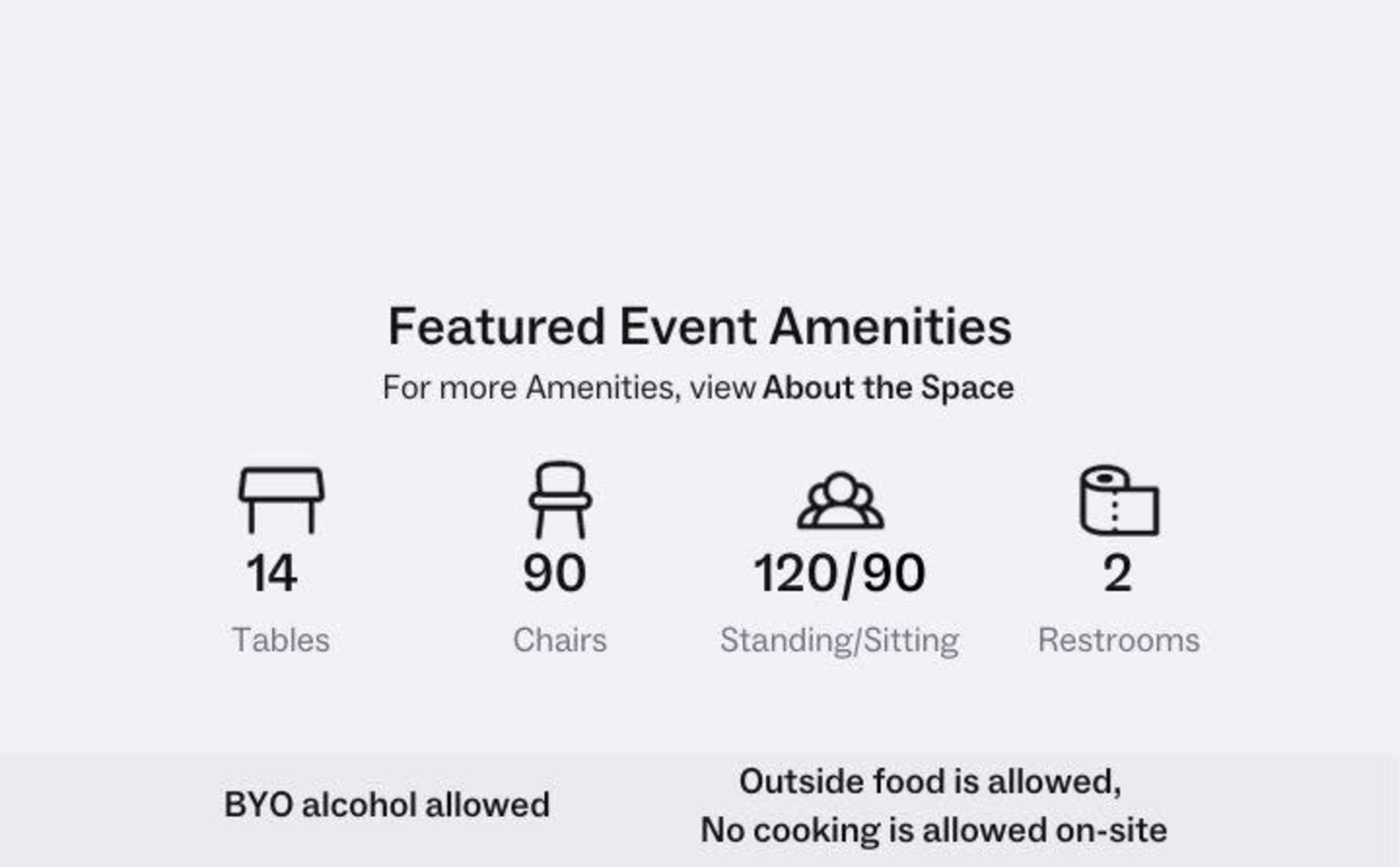 A list of featured event amenities, including 14 tables, 90 chairs, a capacity for 120/90 guests, and 2 restrooms, along with notes about food and alcohol policies.
