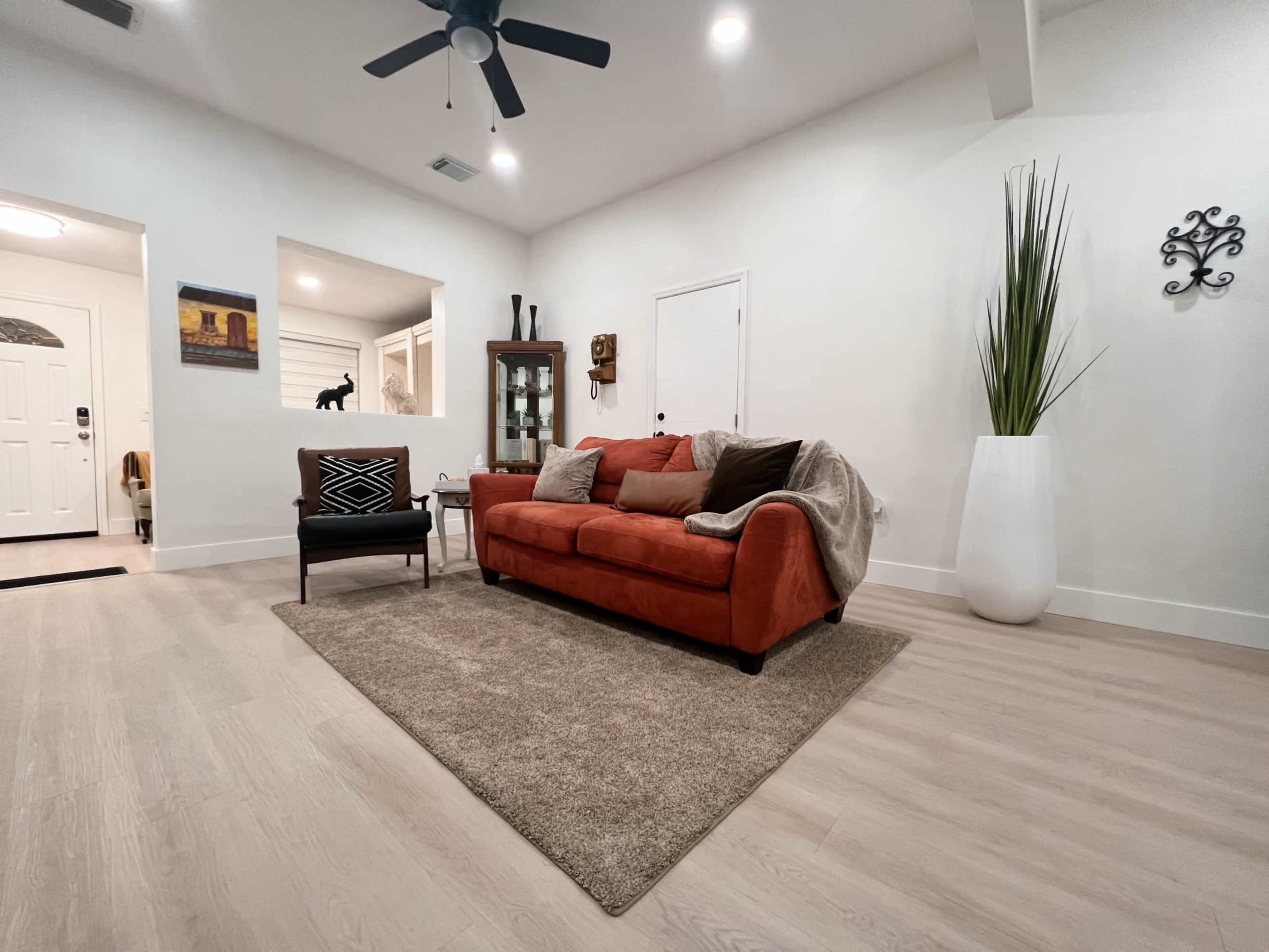 A living room with a red sofa, a decorative armchair, a large white planter with a plant, and a light-colored rug on a wooden floor.