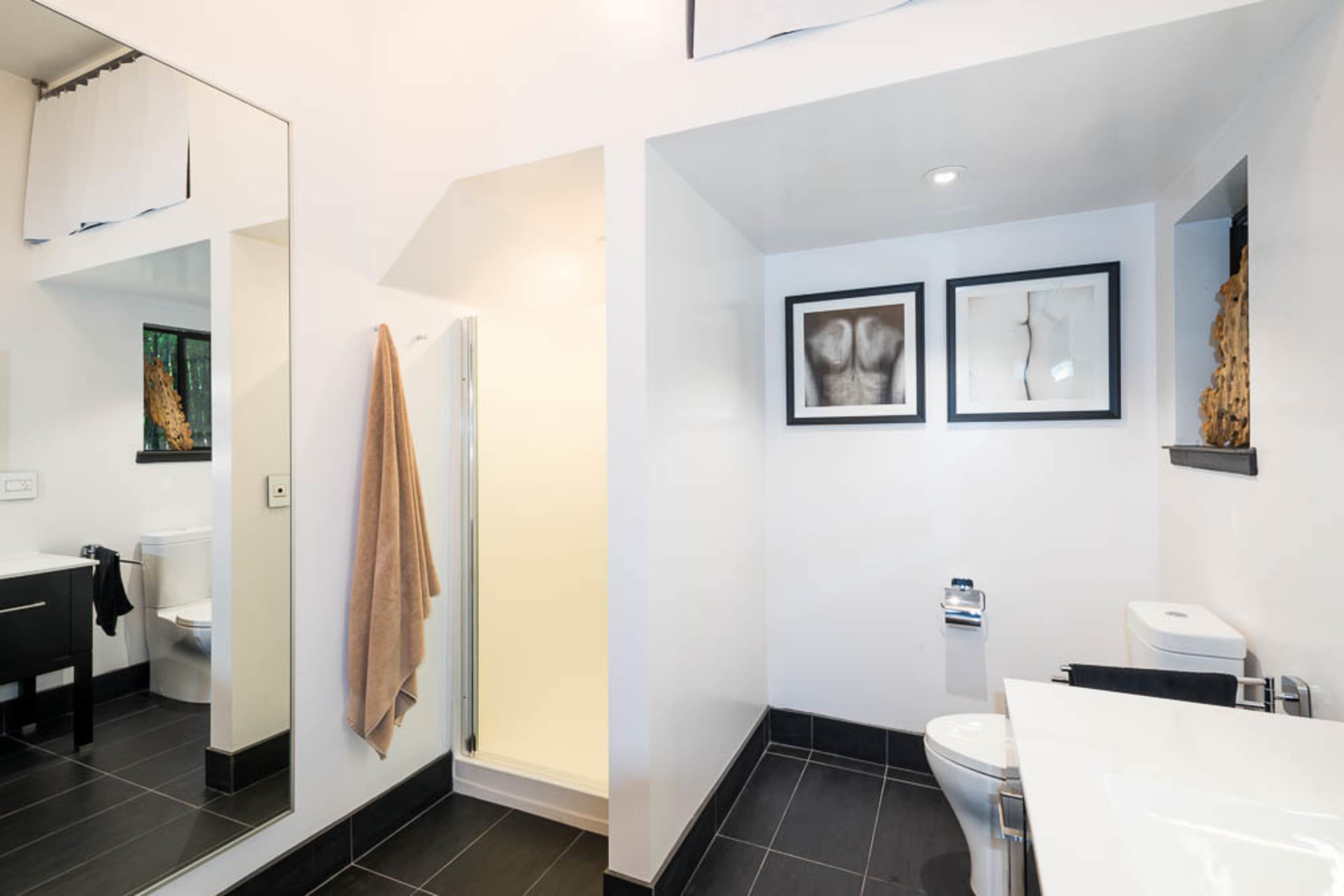 A modern bathroom featuring a shower area, a toilet, a sink with a mirror, and framed art on the walls.
