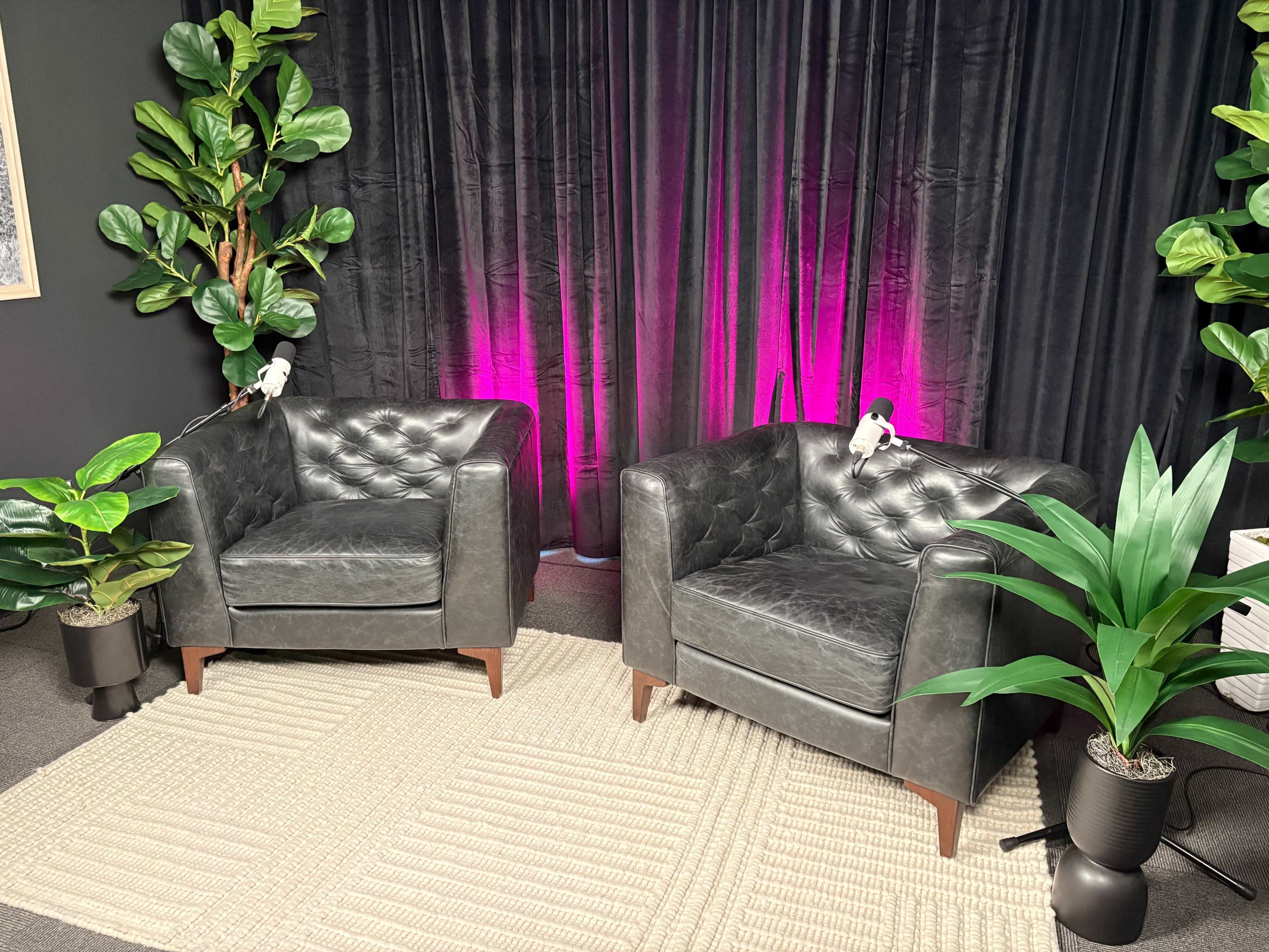 The image features two black tufted armchairs positioned on a textured rug, surrounded by potted plants against a backdrop of dark curtains illuminated with pink lighting.