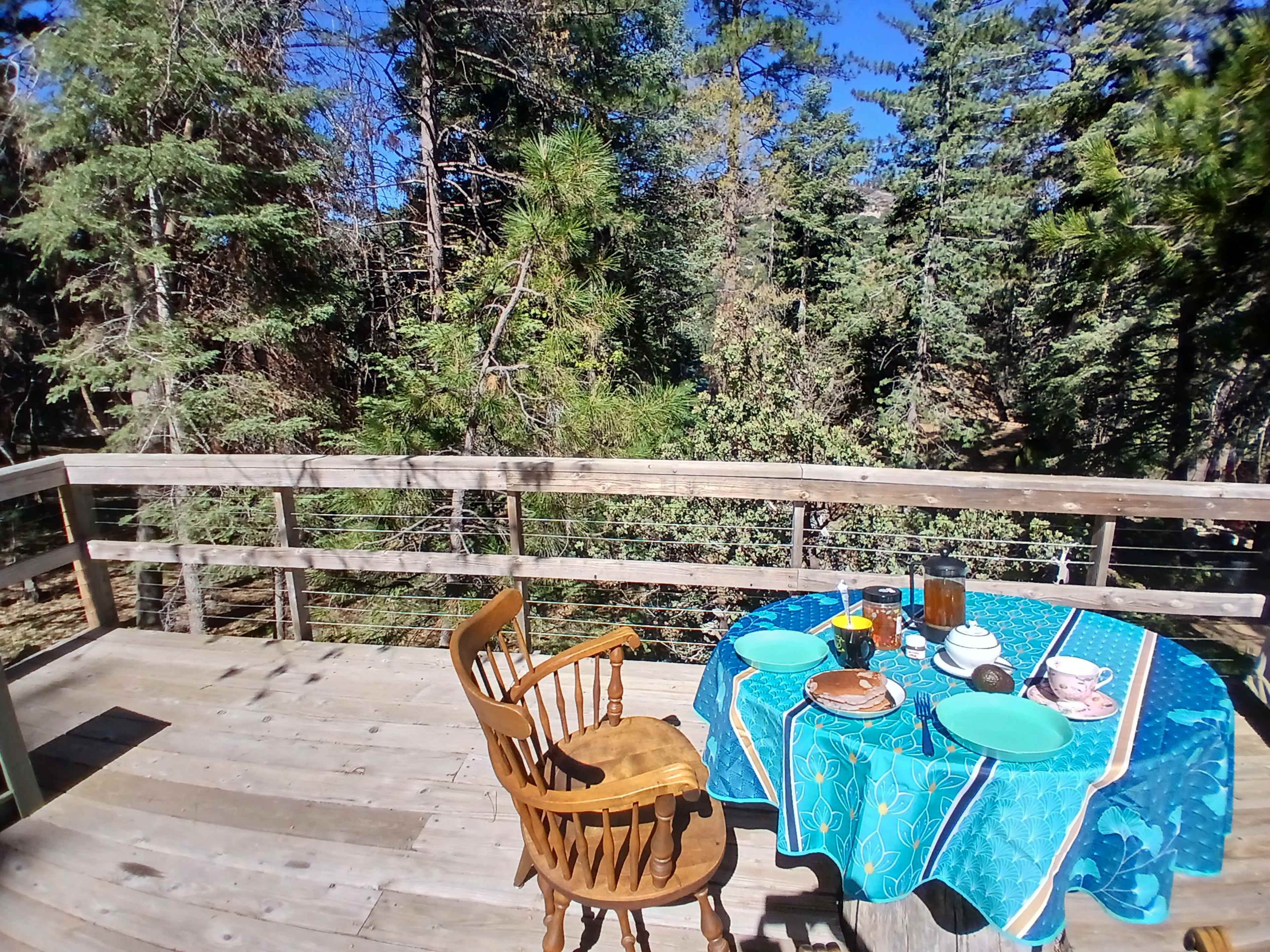 A wooden deck is set with a table covered by a turquoise tablecloth, featuring plates and drinks, against a backdrop of trees and blue sky.