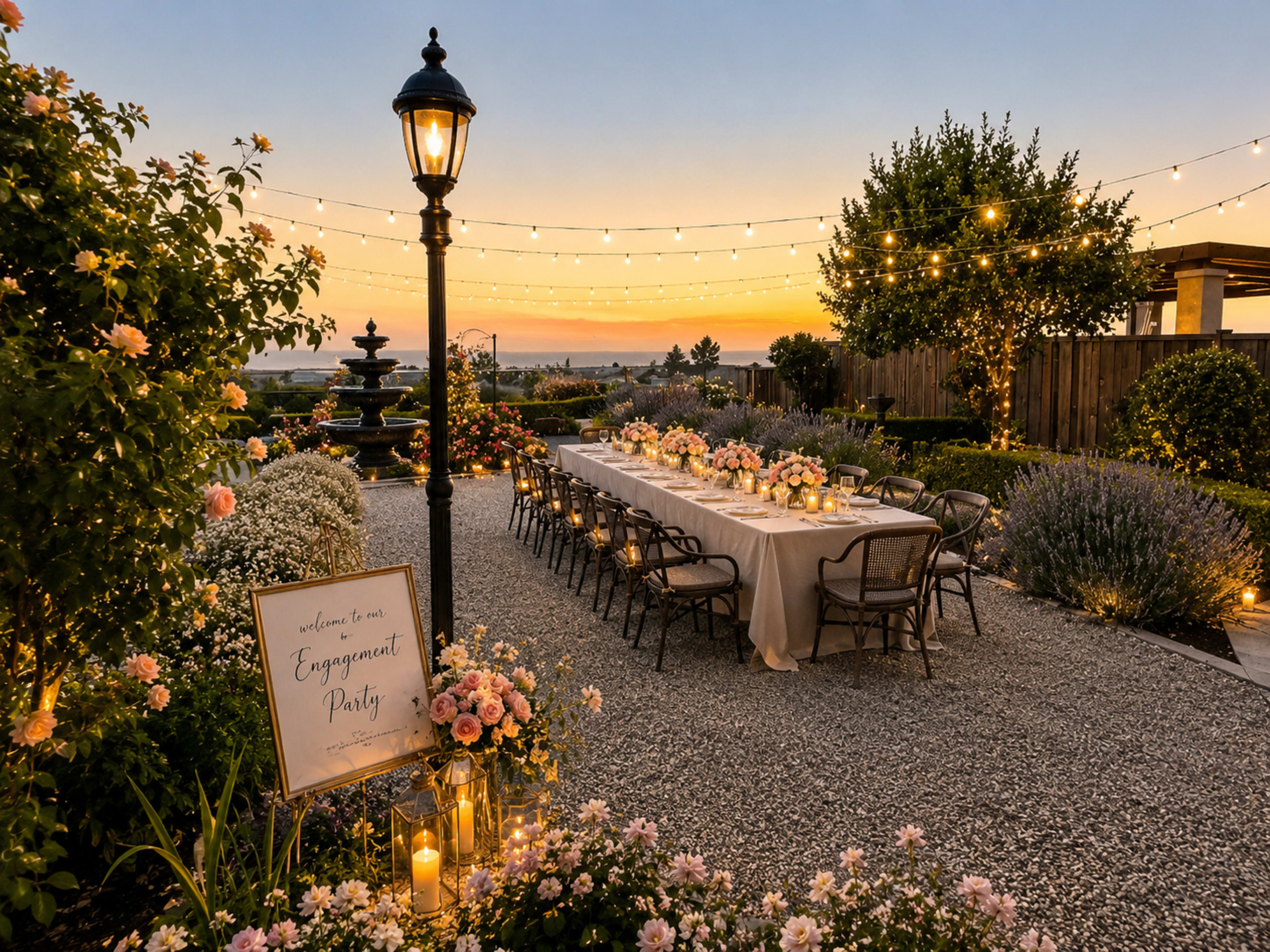 A long dining table adorned with flowers is set up outdoors beneath string lights, accompanied by a sign welcoming guests to an engagement party against a sunset backdrop.