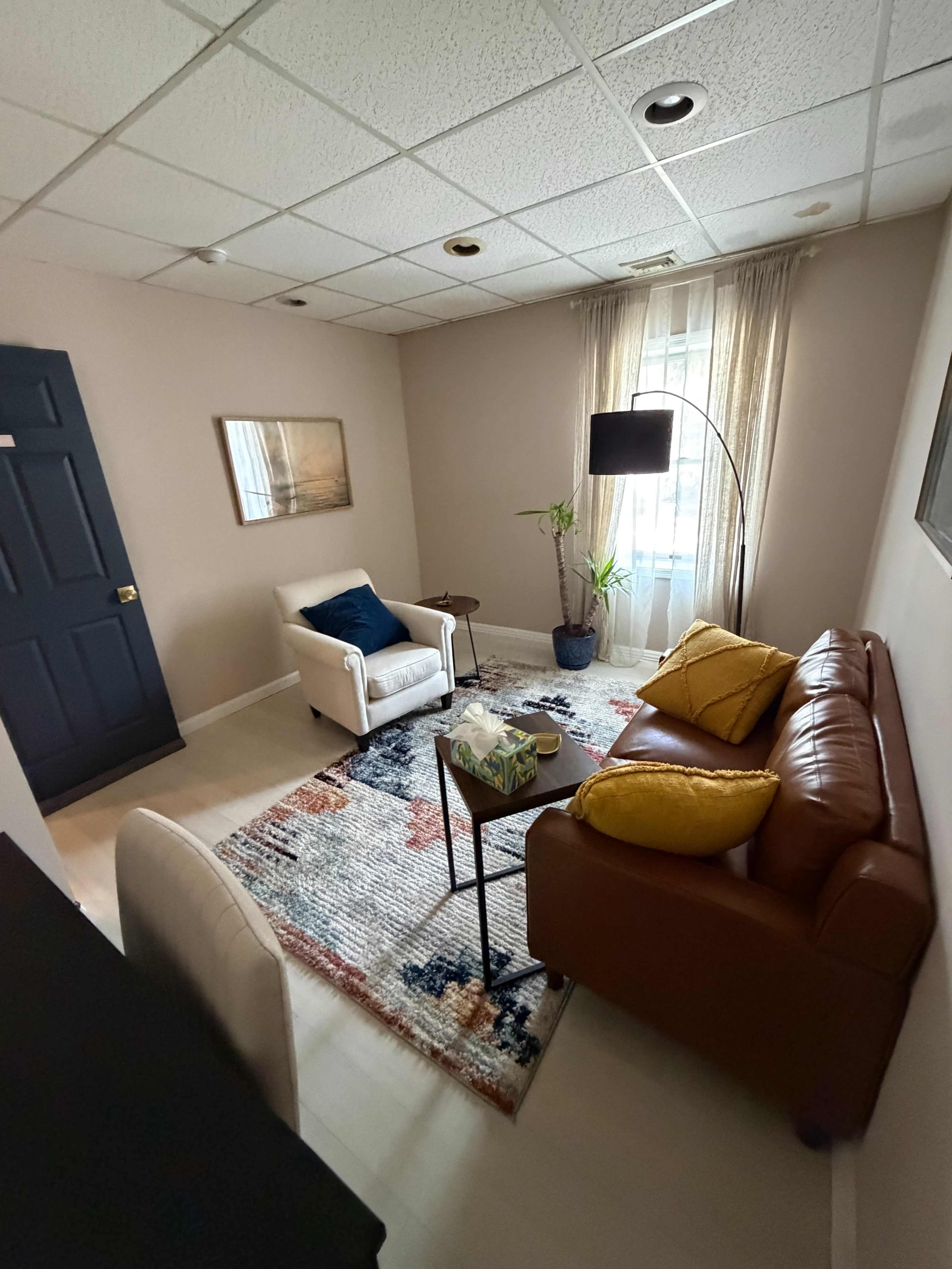 The image shows a small living room with a brown leather sofa, a white armchair, a coffee table, and a plant, all arranged on a colorful area rug under natural light from a window.