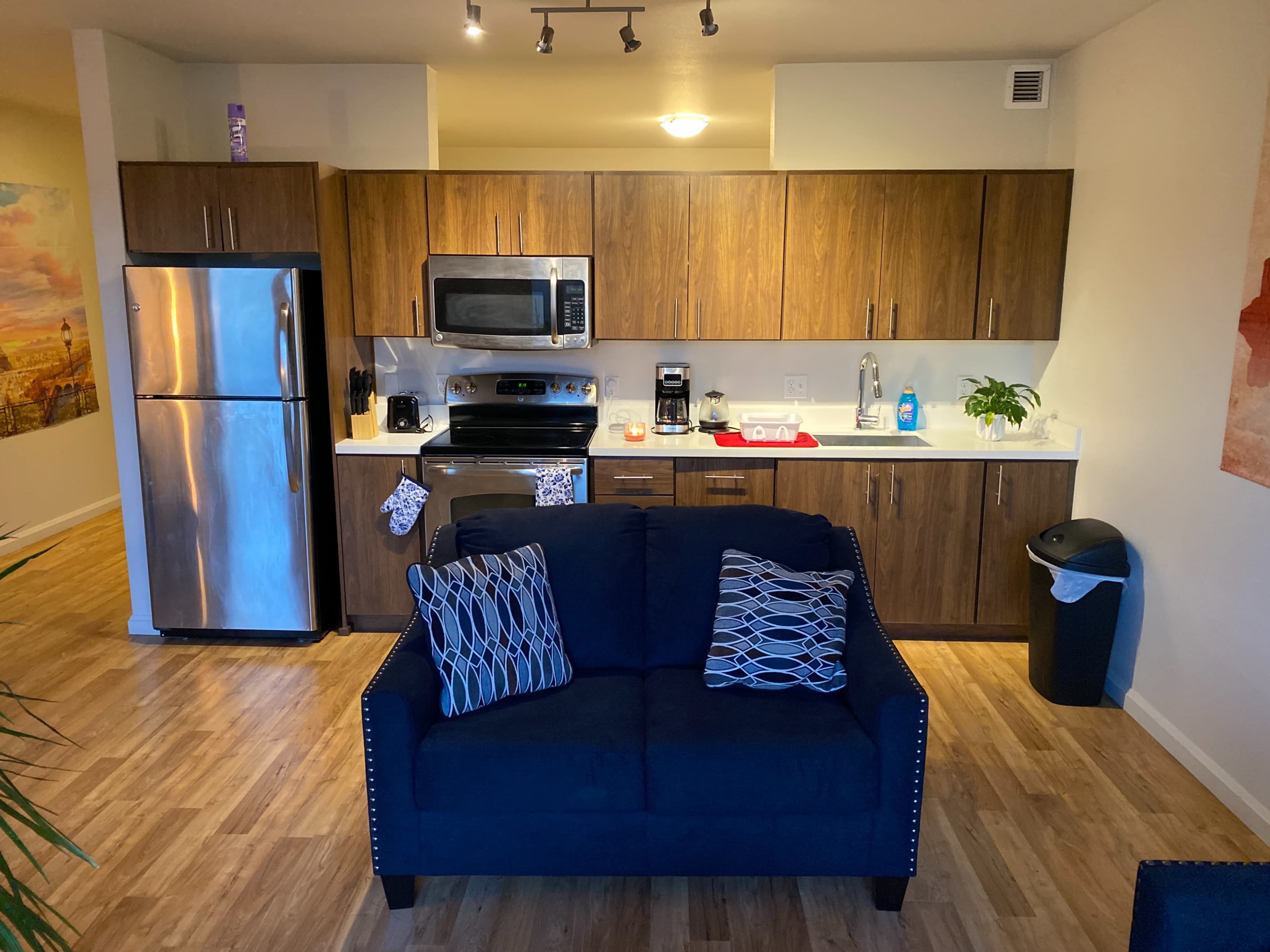 A modern kitchen and living area with a blue couch in the foreground, stainless steel appliances, and wooden cabinets.