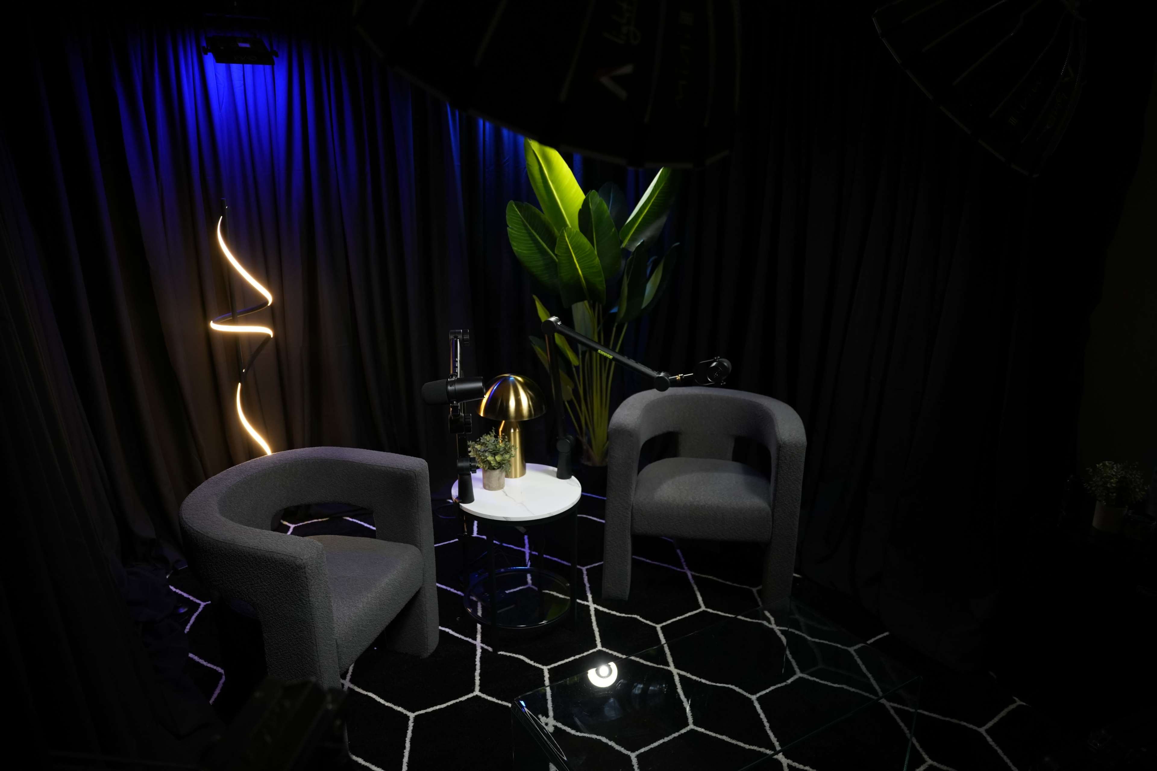 The image shows a modern interview setup featuring two gray chairs, a small white table, and a large potted plant, all against a black curtain backdrop illuminated by soft lighting.