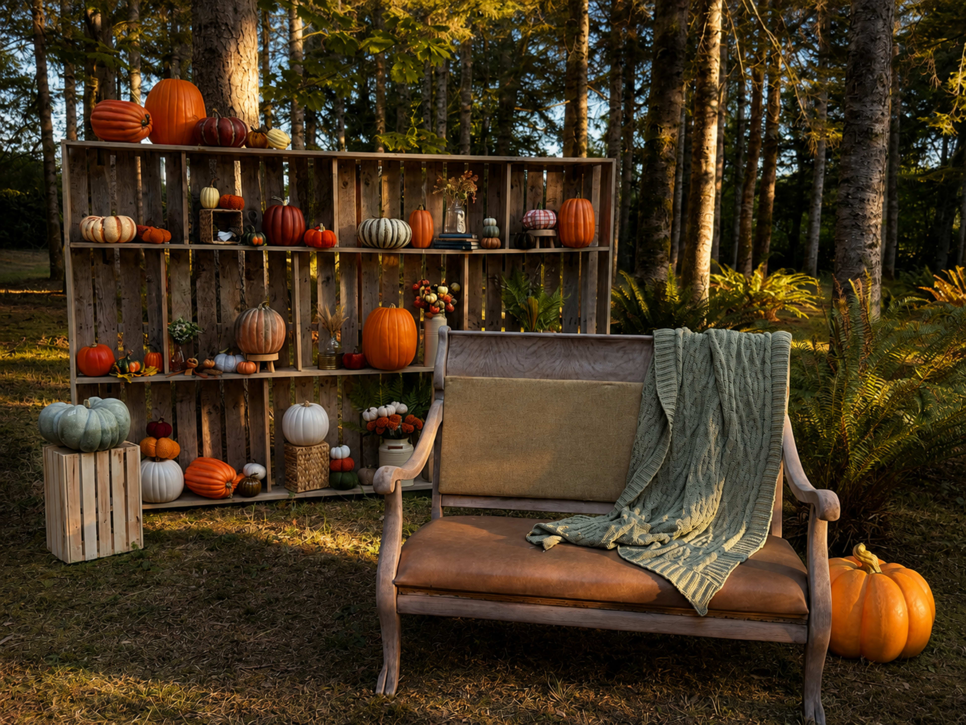 An outdoor scene features a rustic display shelf filled with various pumpkins and decorative items, alongside a wooden bench draped with a green blanket.