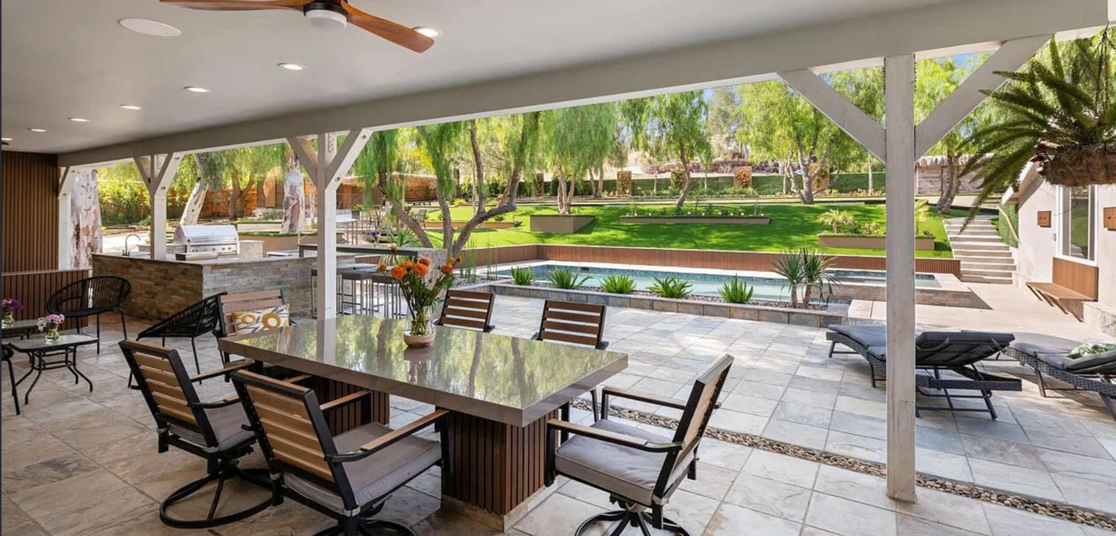 Resort style ranch with a pool, guest house, and main house, several pergolas, covered patio with the TV and surrounding sound system Image in Shadow Hills, shadow hills, CA