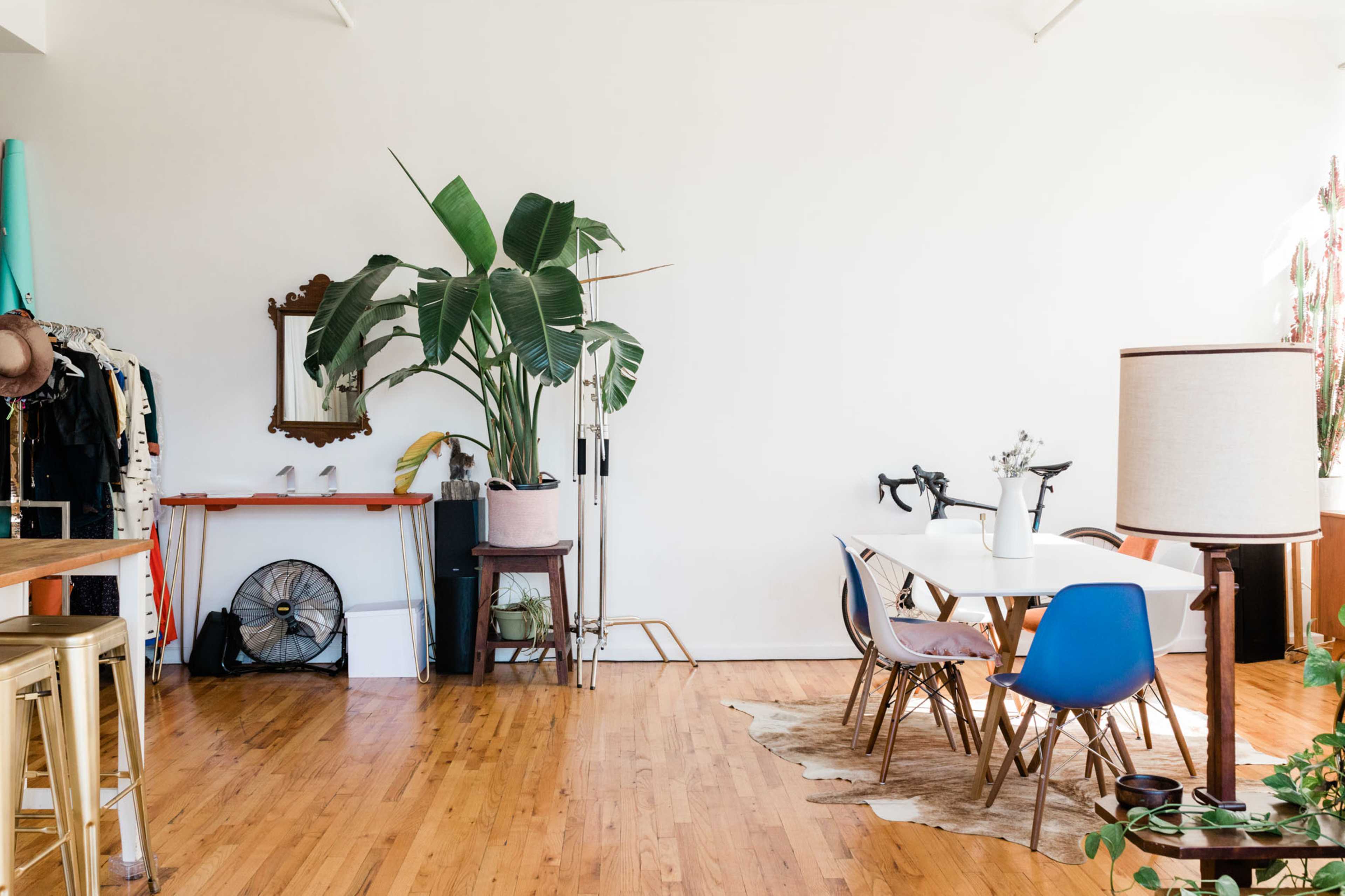 The image shows a minimalist interior space with a wooden floor, a large indoor plant, a dining table with colorful chairs, and a decorative lamp.
