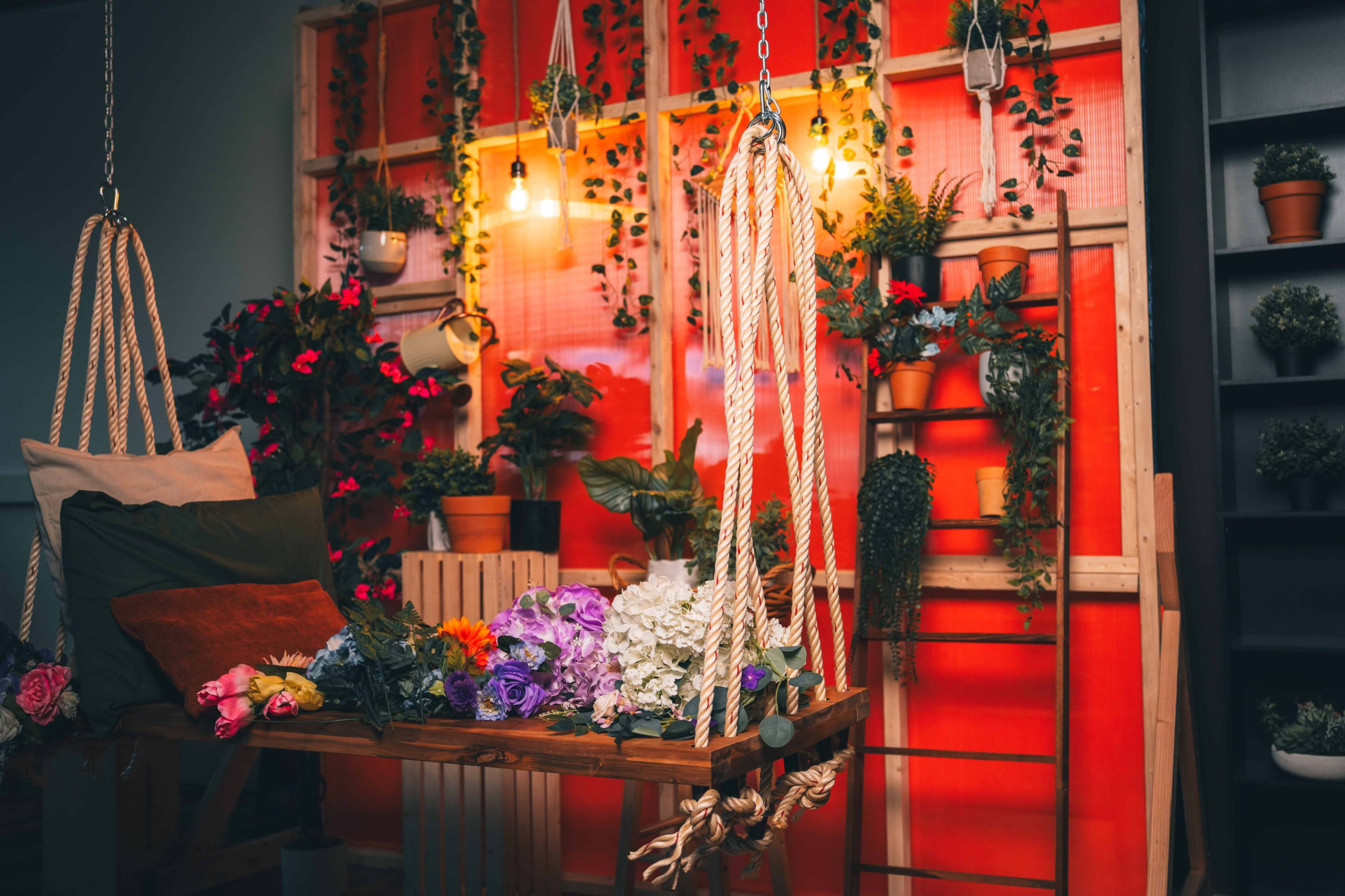 The image features a decorative indoor space with a wooden swing adorned with flowers and surrounded by various potted plants against a bright red backdrop.