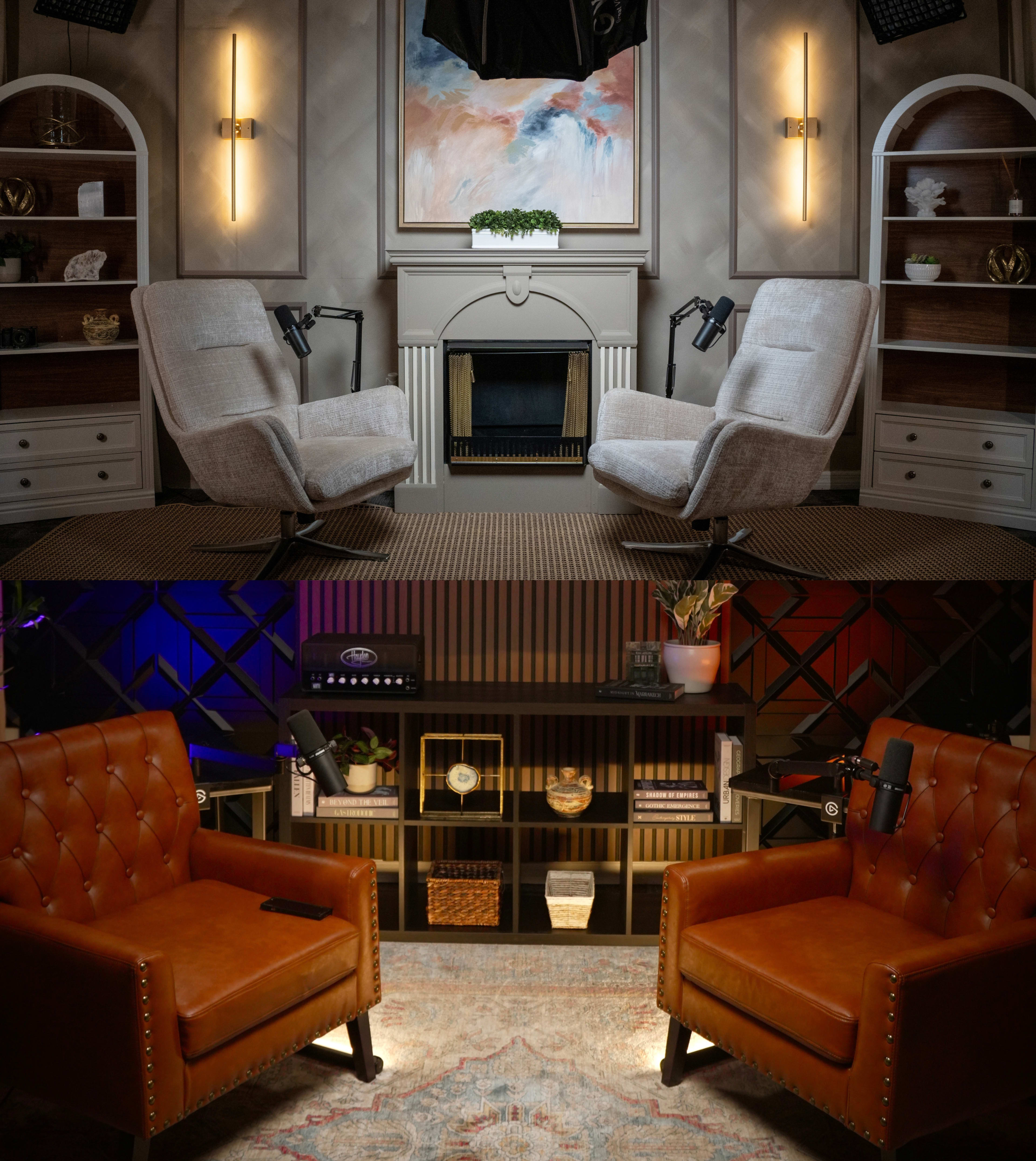 The image shows two distinct interview set designs; the top features two light-colored chairs facing a fireplace in a well-lit room, while the bottom showcases two brown leather chairs in a dimly lit room with colorful lighting and modern shelving.