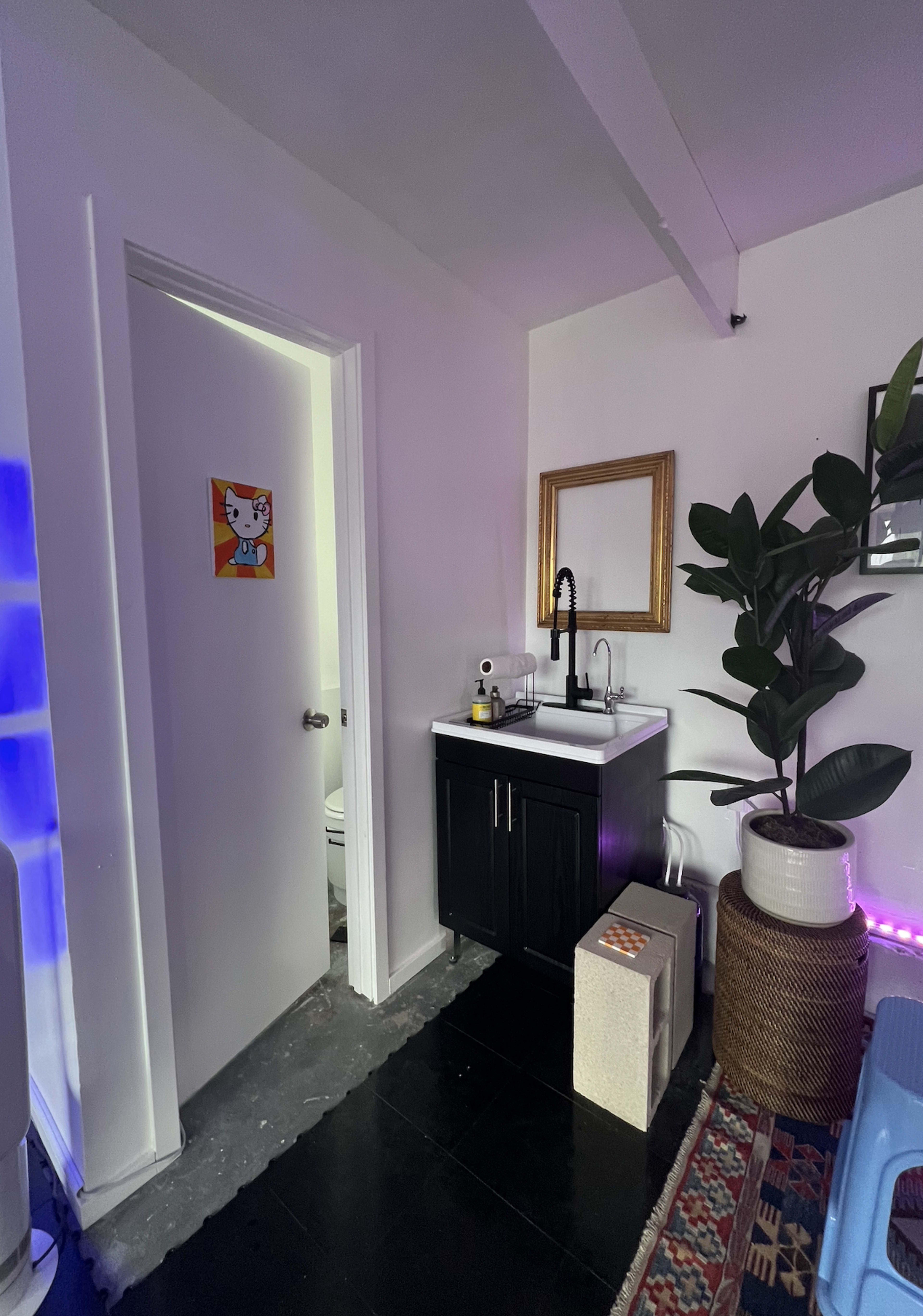 A small bathroom area featuring a black sink cabinet, a potted plant, and a door leading to a restroom.