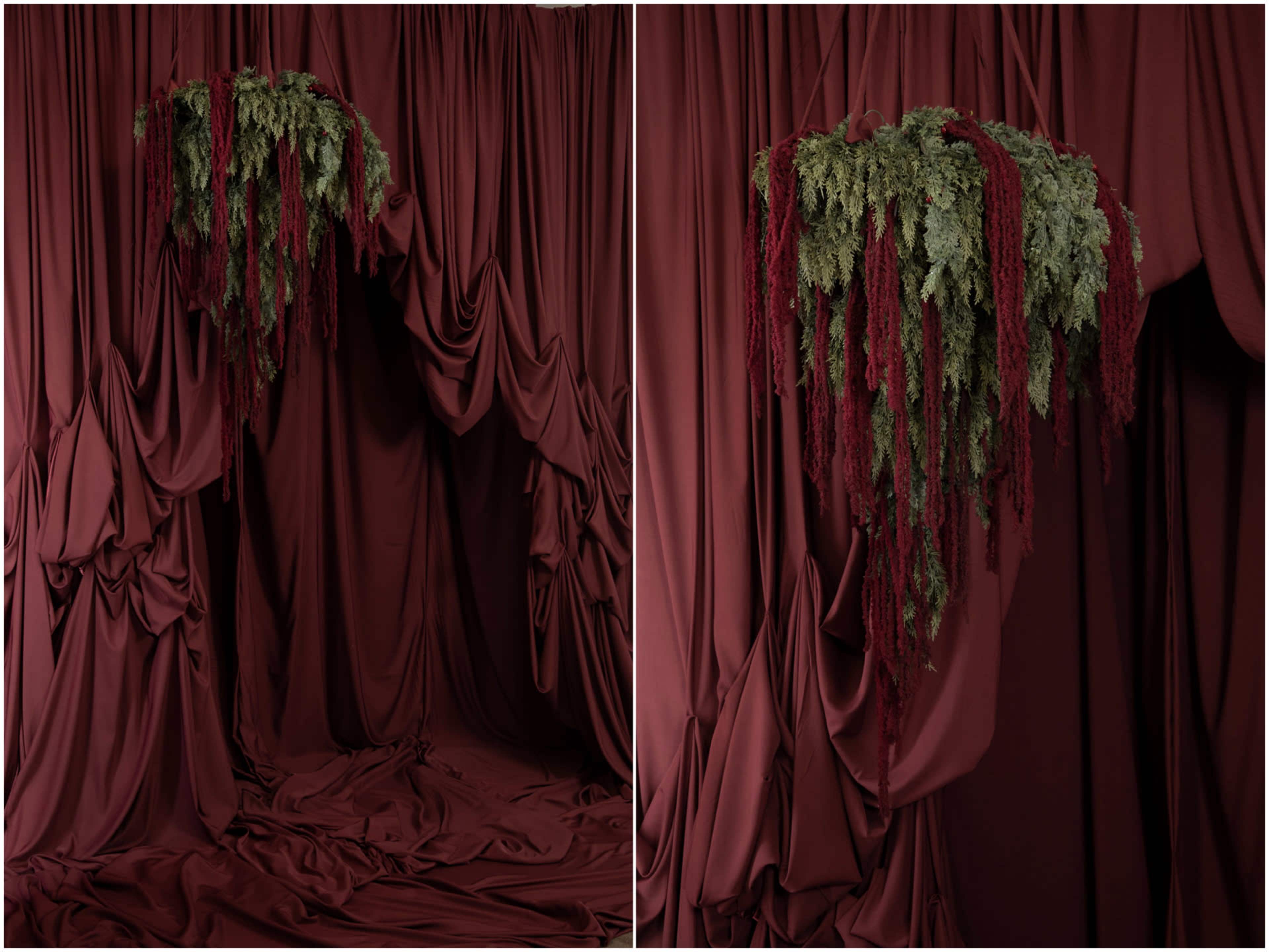 The image features a deep red backdrop draped elegantly, with greenery suspended above in an artistic arrangement.