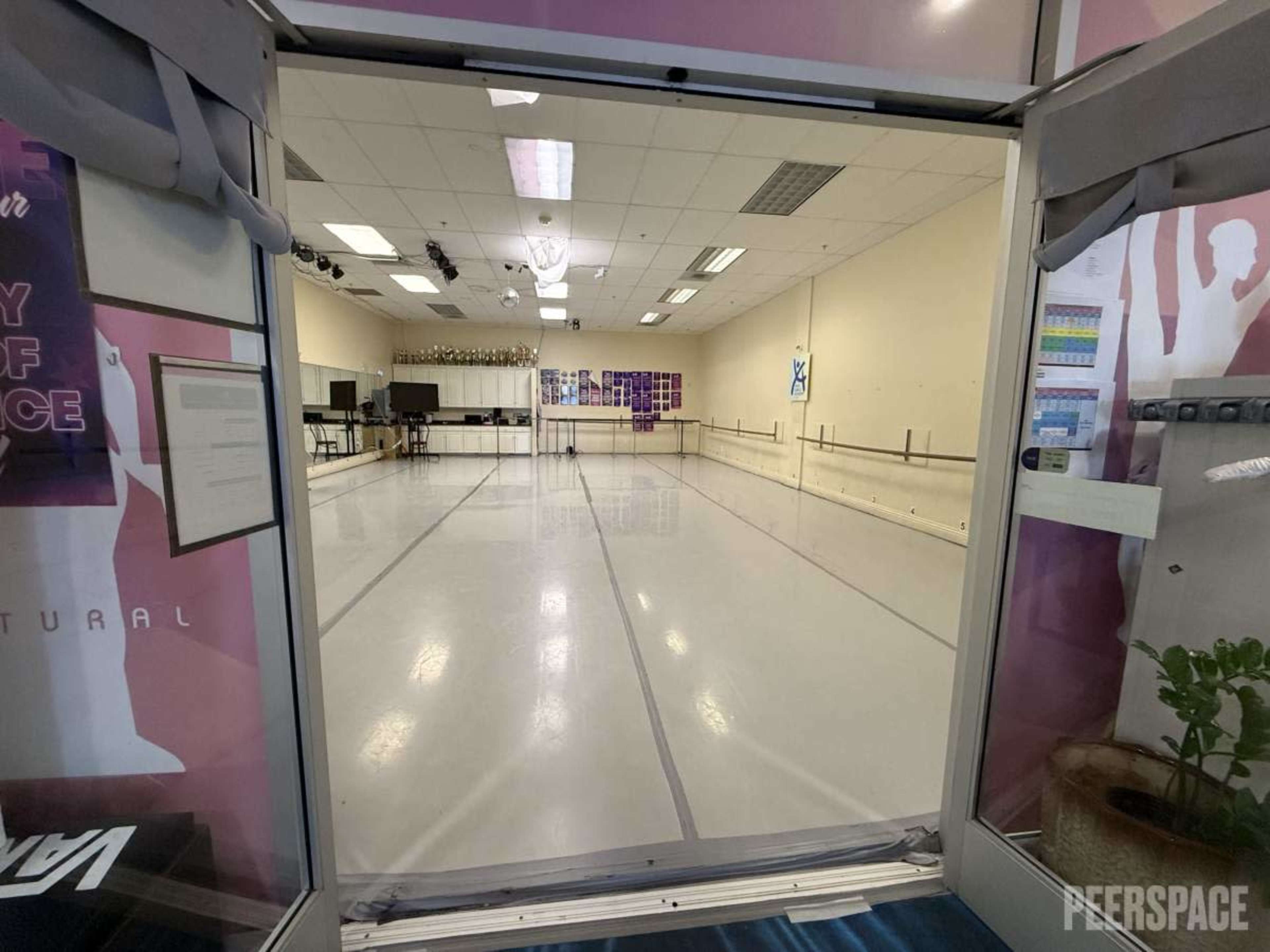 The image shows the interior of a spacious dance studio featuring a mirrored wall, a polished floor, and ballet barres lined along the sides.