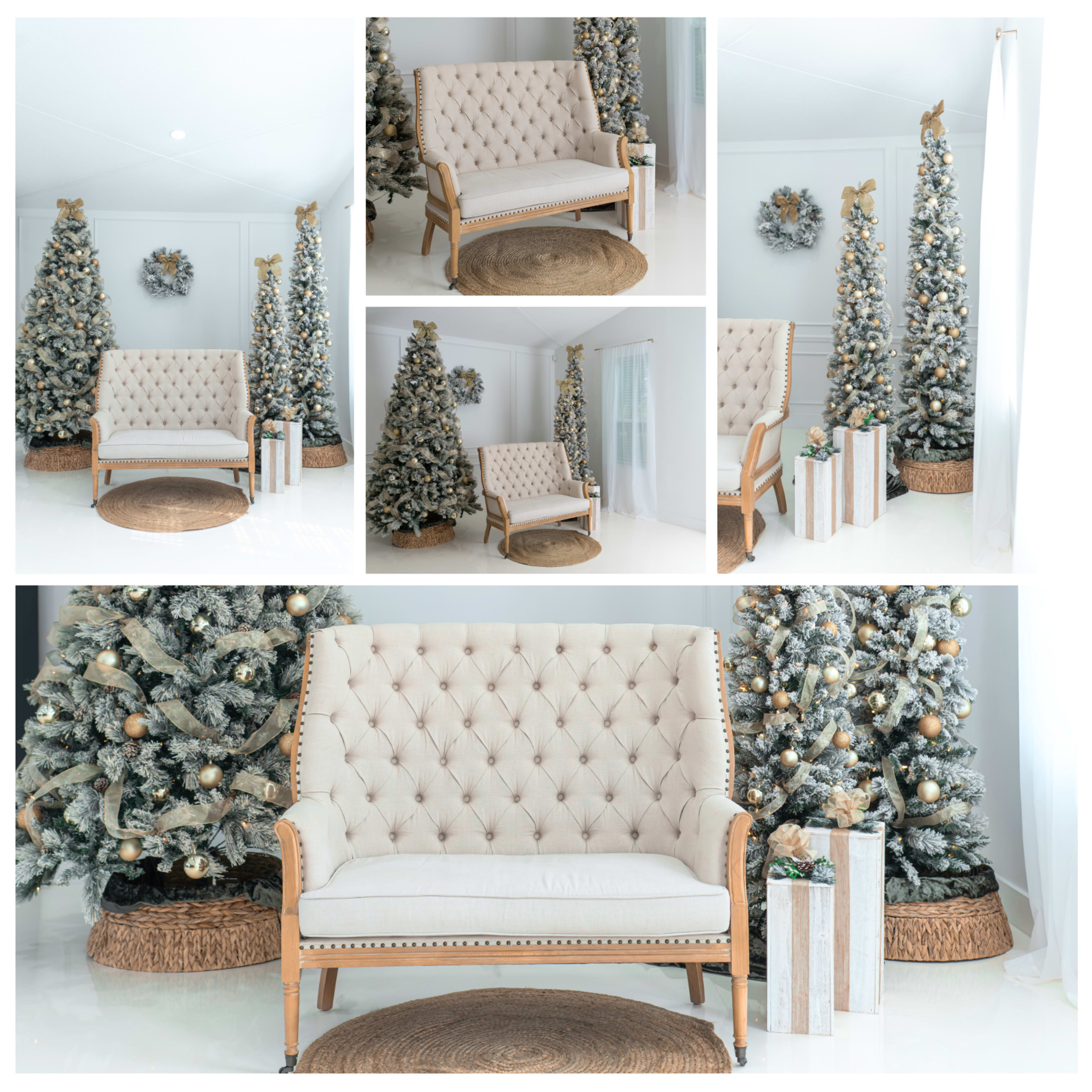 The image features a cozy, decorated living space with a tufted beige sofa, two frosted Christmas trees, a round jute rug, and a few decorative boxes.