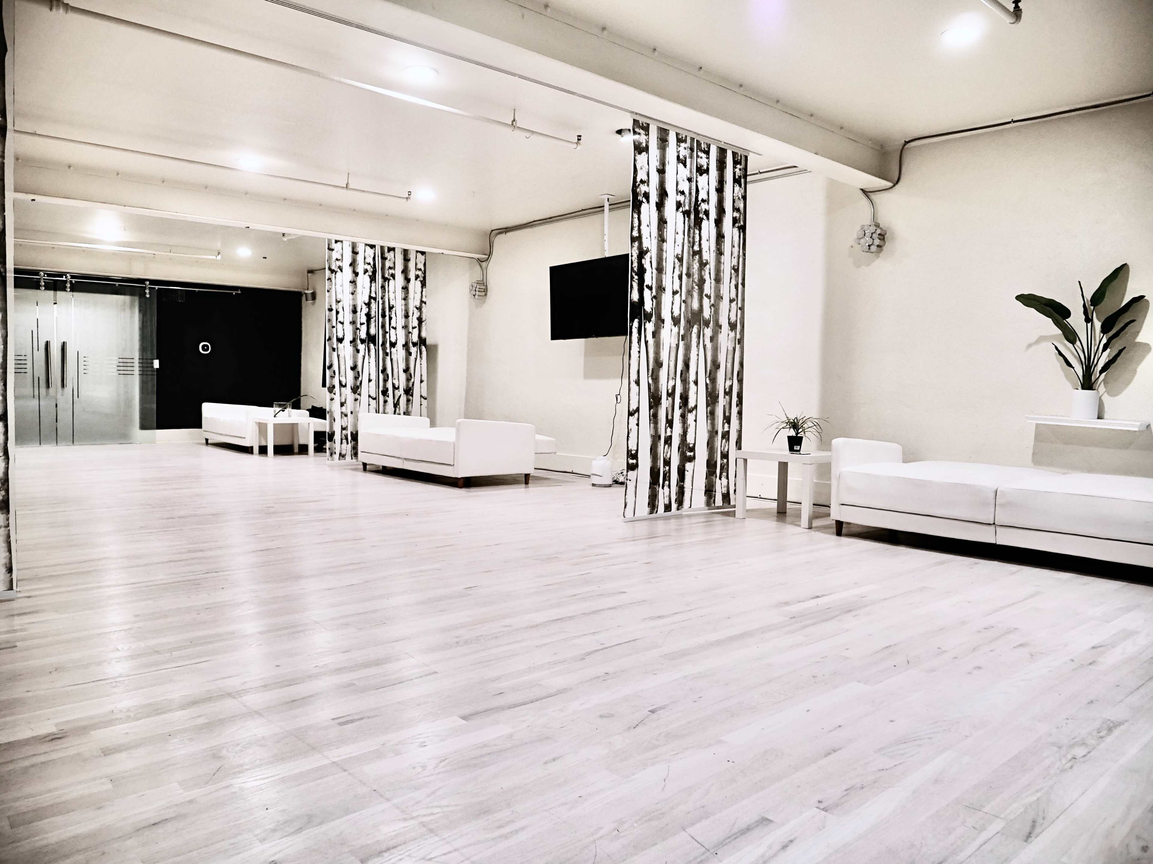 A spacious, minimalist interior featuring light wooden floors, white sofas, and decorative curtains with a tree pattern.