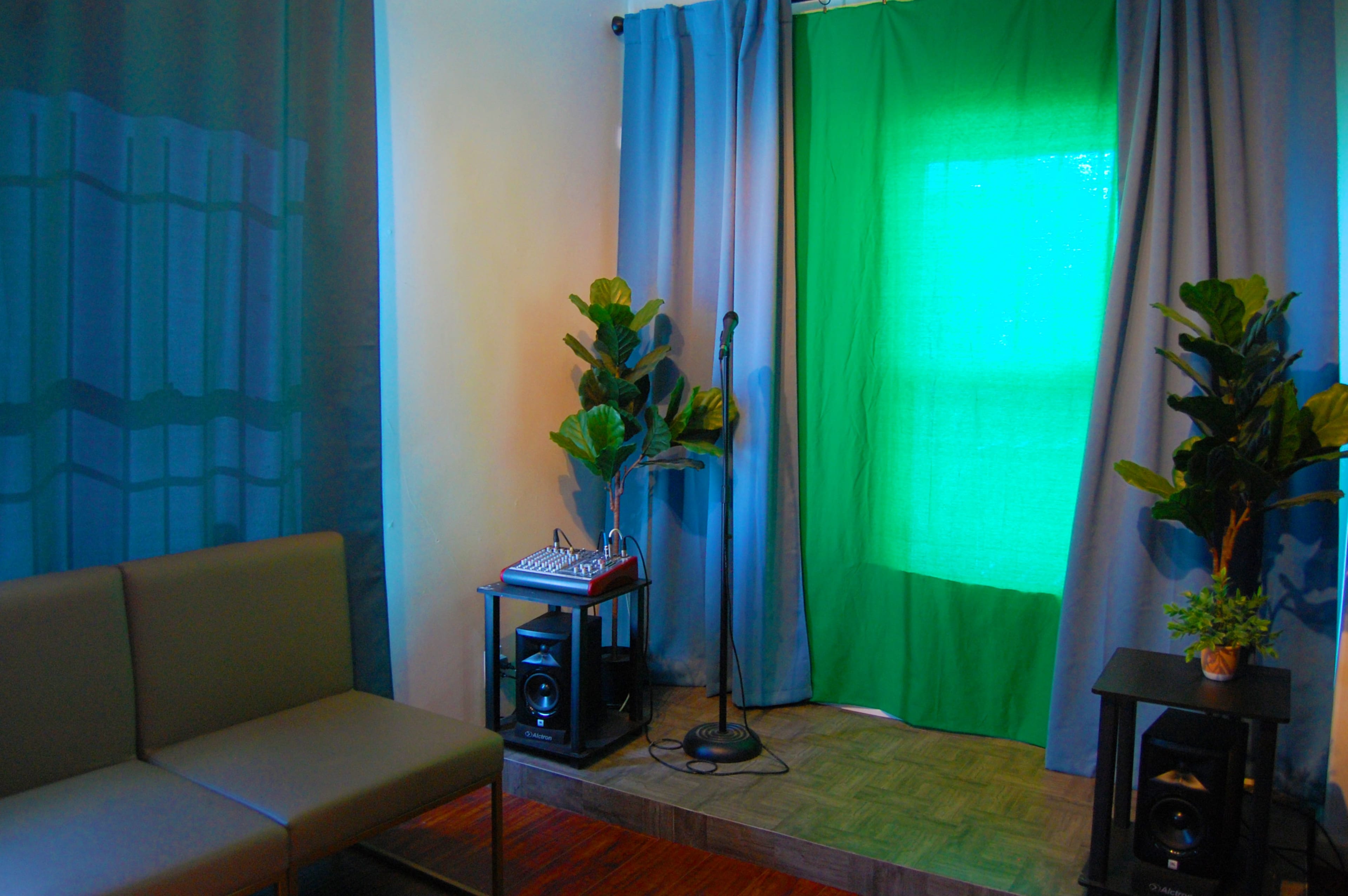 A small room with a green backdrop, a microphone stand, potted plants, and a seating area with a grey couch.