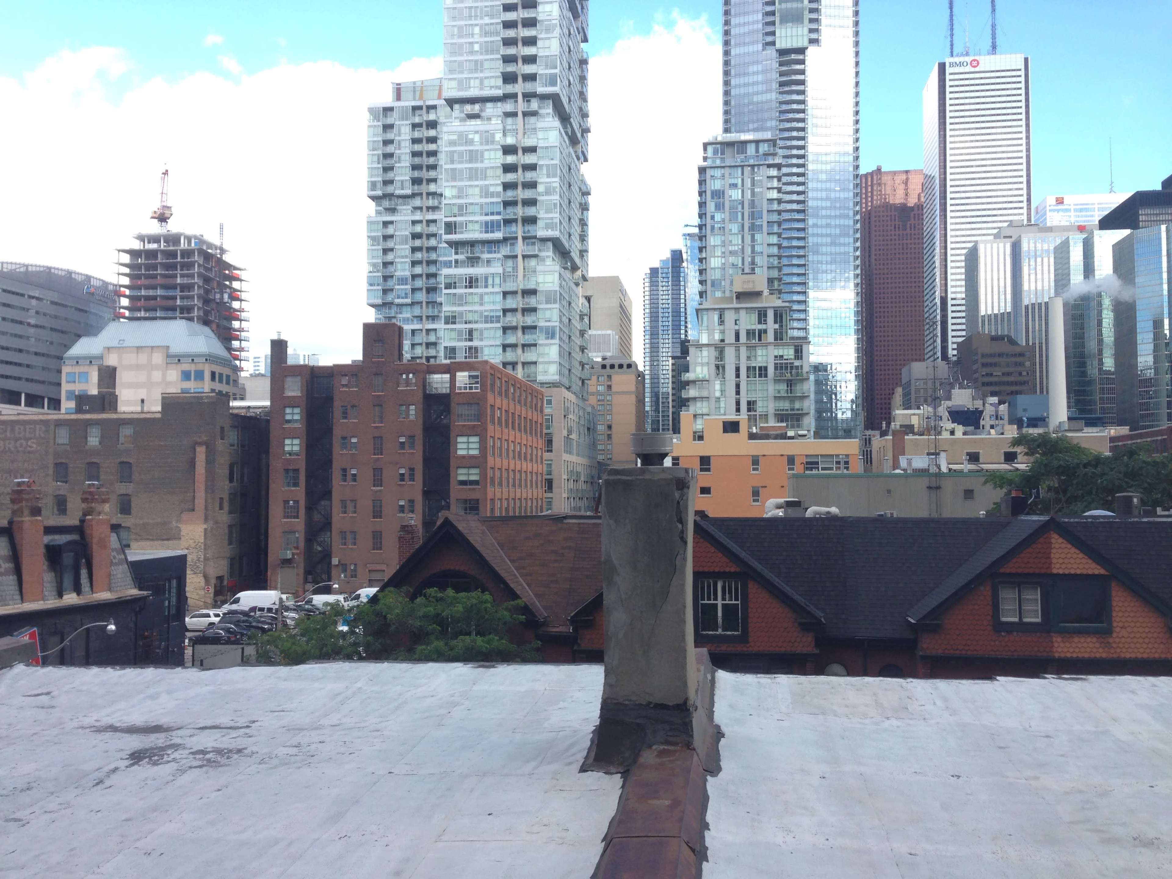 The image shows a cityscape with a mix of modern skyscrapers and historical buildings viewed from a rooftop.