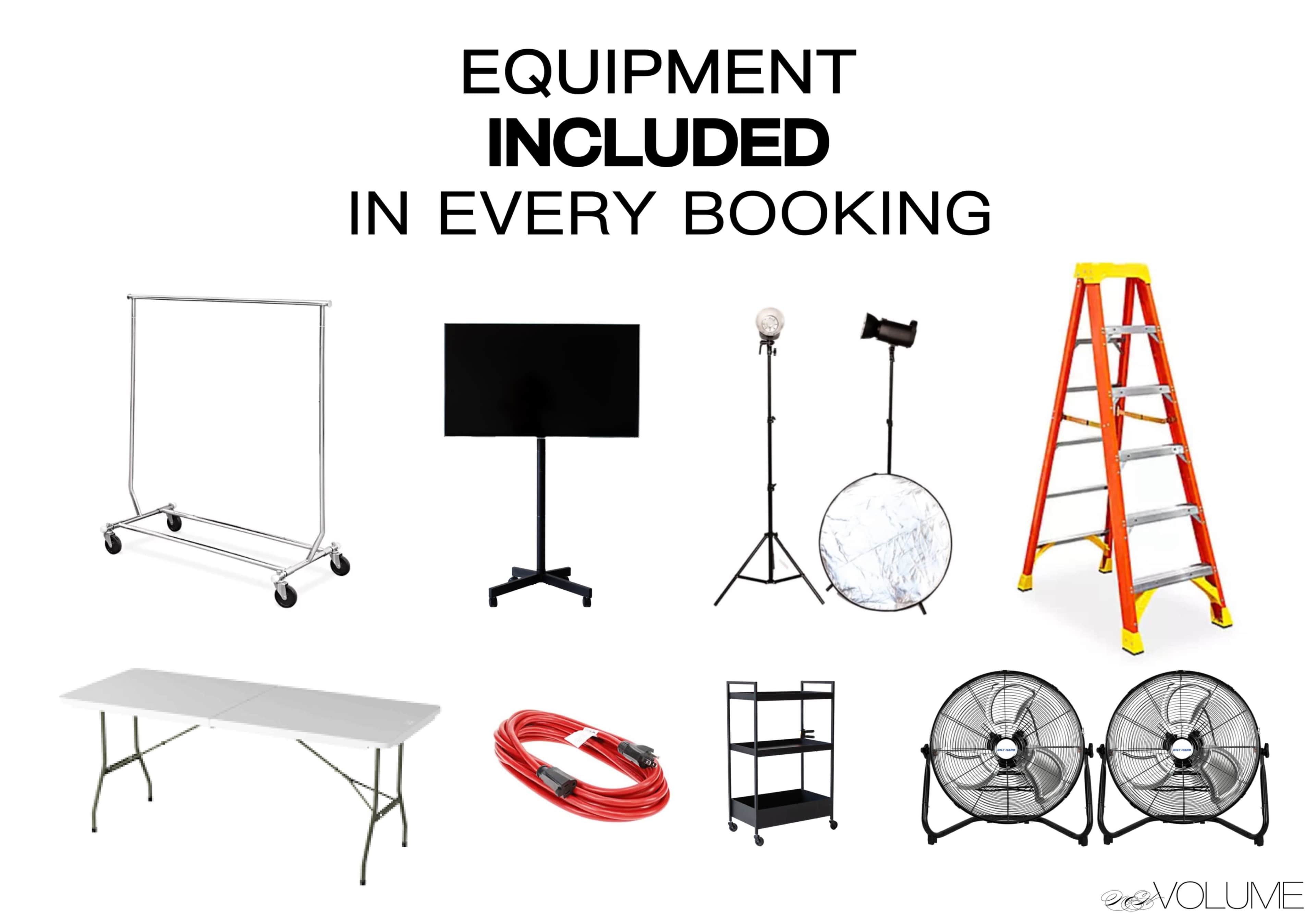 Various equipment included in every booking, such as a clothing rack, a television on a stand, lighting stands, a ladder, a folding table, an extension cord, a shelving unit, and two large fans.
