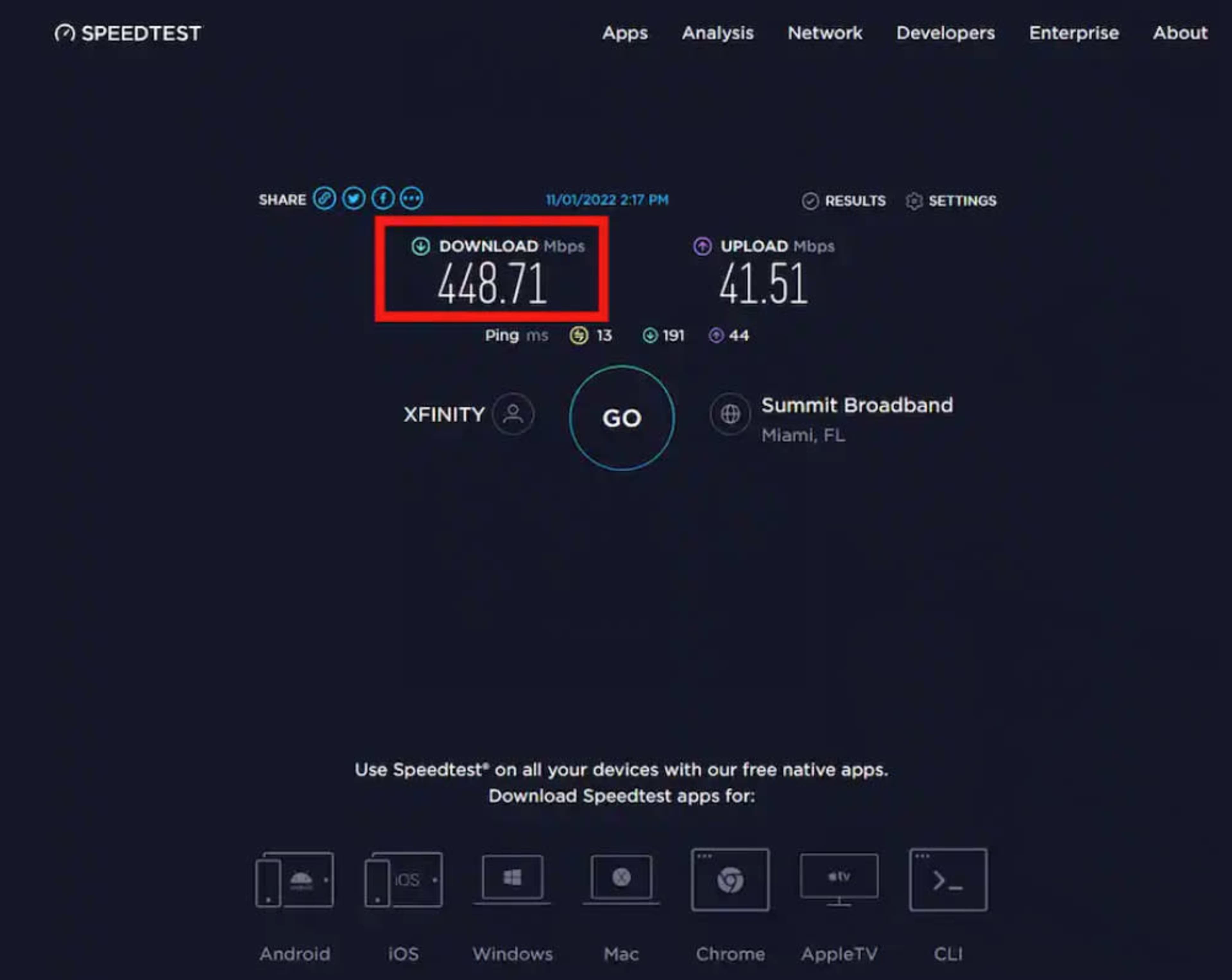 A speed test result displaying a download speed of 448.71 Mbps and an upload speed of 41.51 Mbps, conducted via Summit Broadband in Miami, FL.