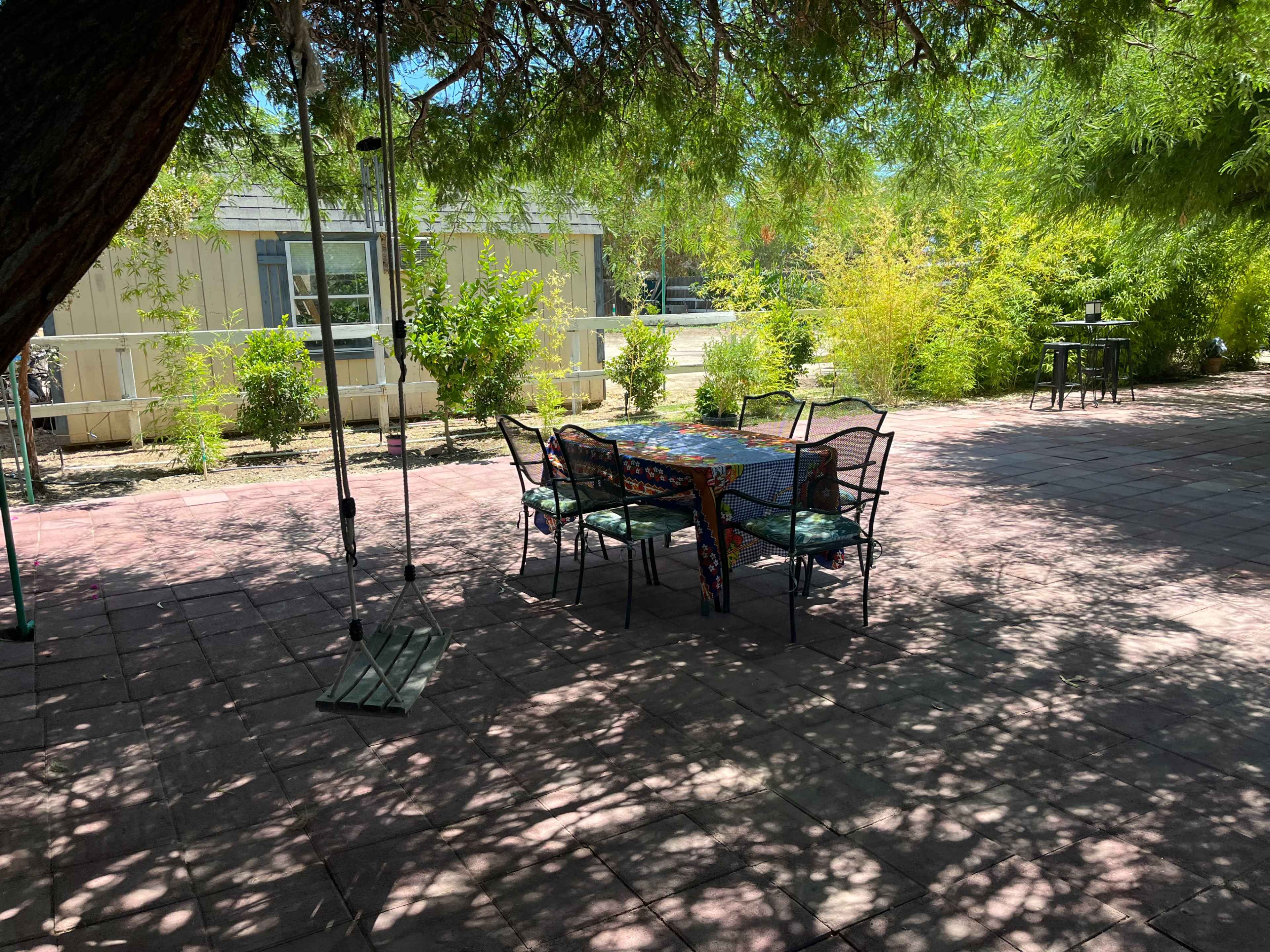 A table with chairs is situated under a tree in a shaded outdoor area surrounded by plants.