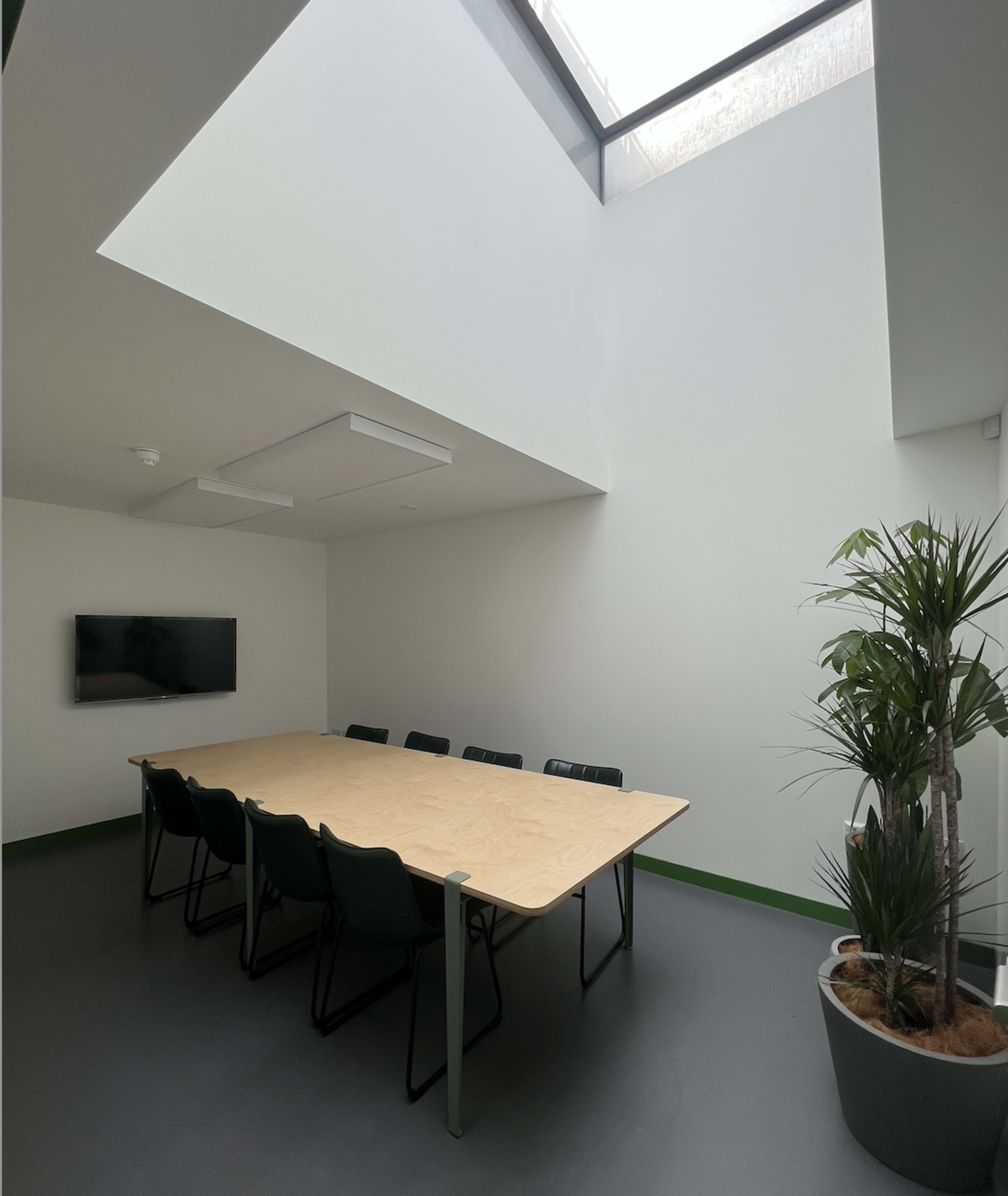 A minimalistic conference room features a large wooden table surrounded by black chairs and a potted plant, with a skylight illuminating the space.