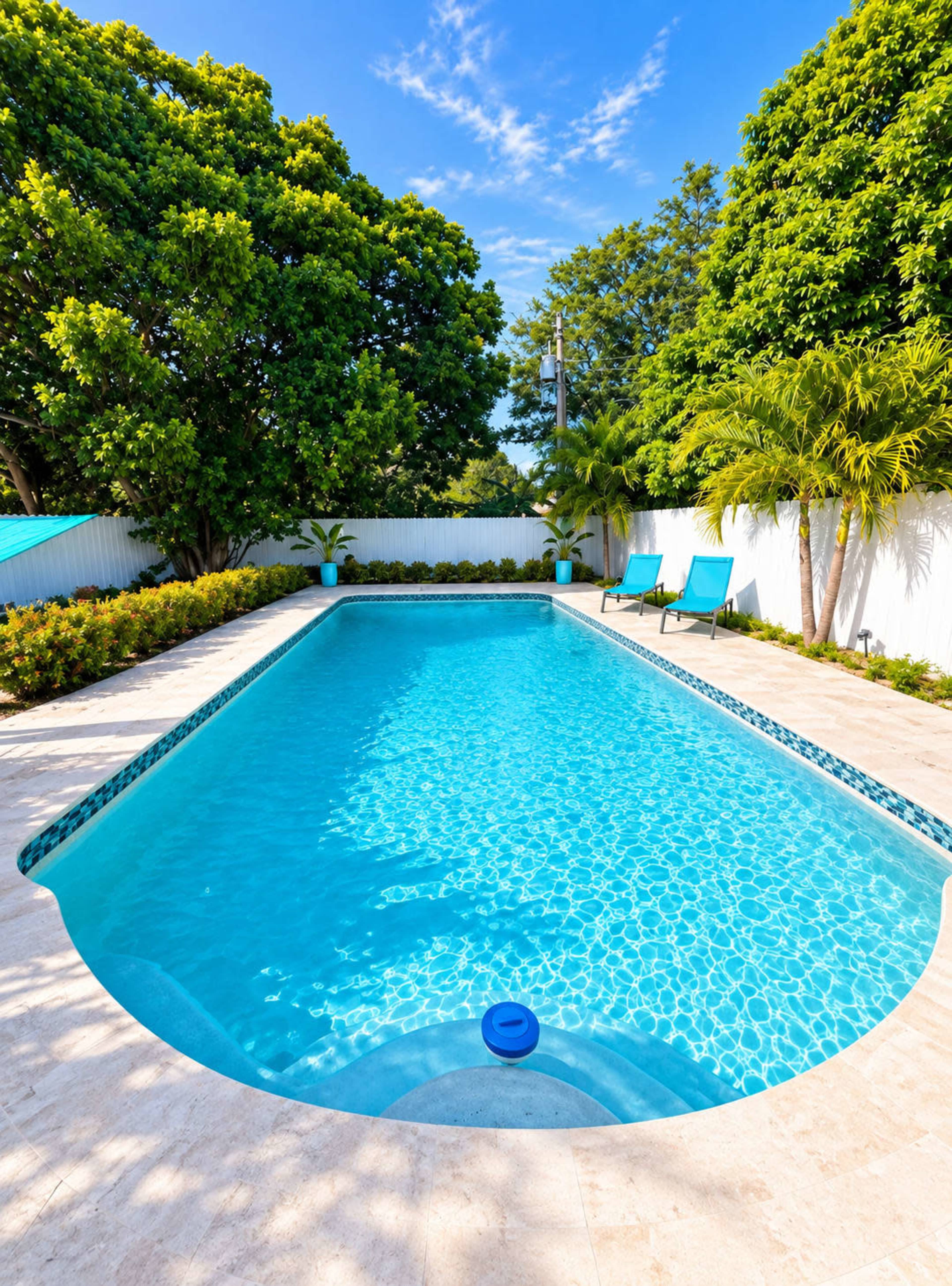 The image shows a clear swimming pool surrounded by greenery and two lounge chairs on a patio.