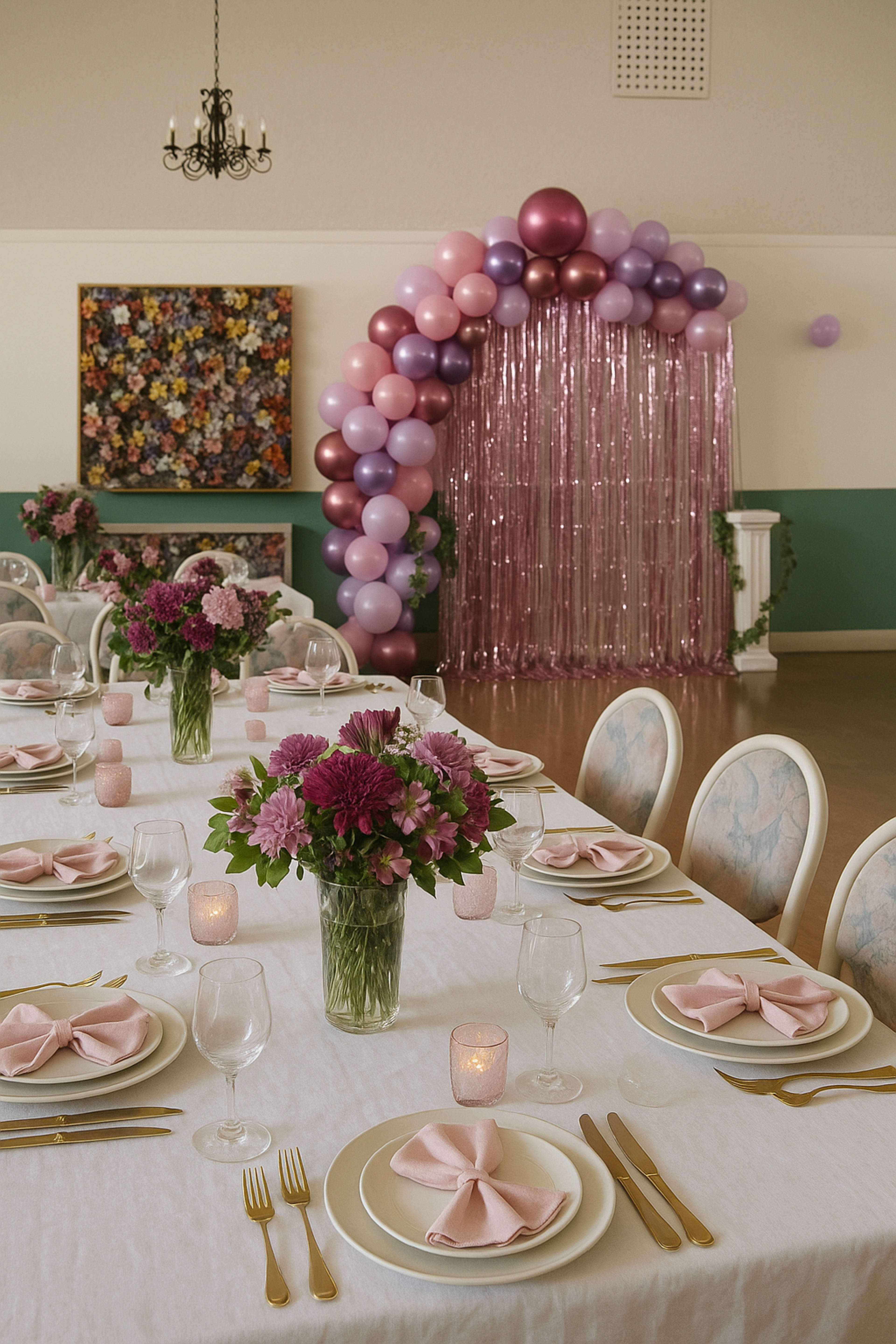 A elegantly set dining table with floral centerpieces and a decorative balloon arch in the background.