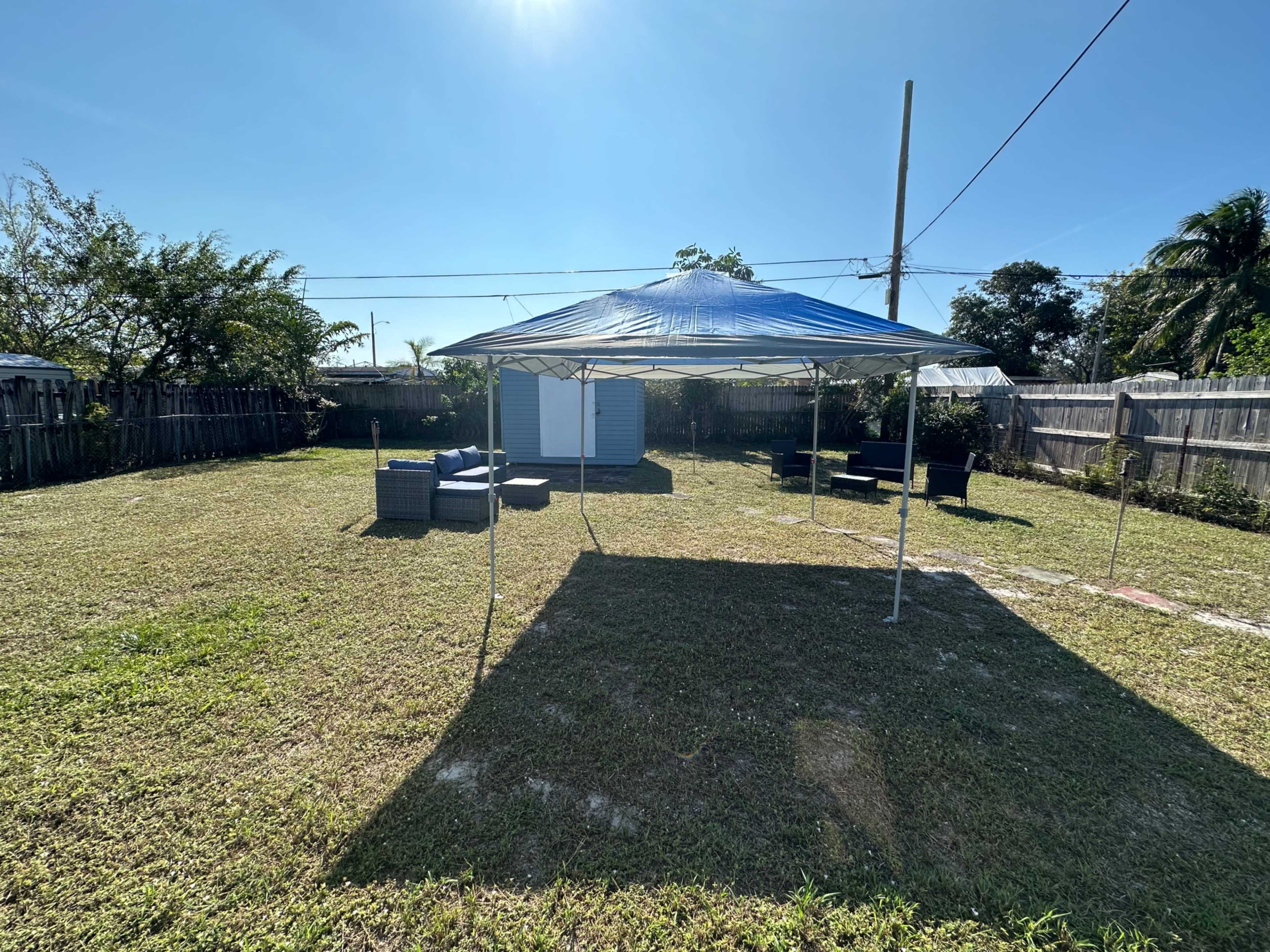 A large blue canopy is set up in a grassy yard with a small shed visible in the background under a clear sky.
