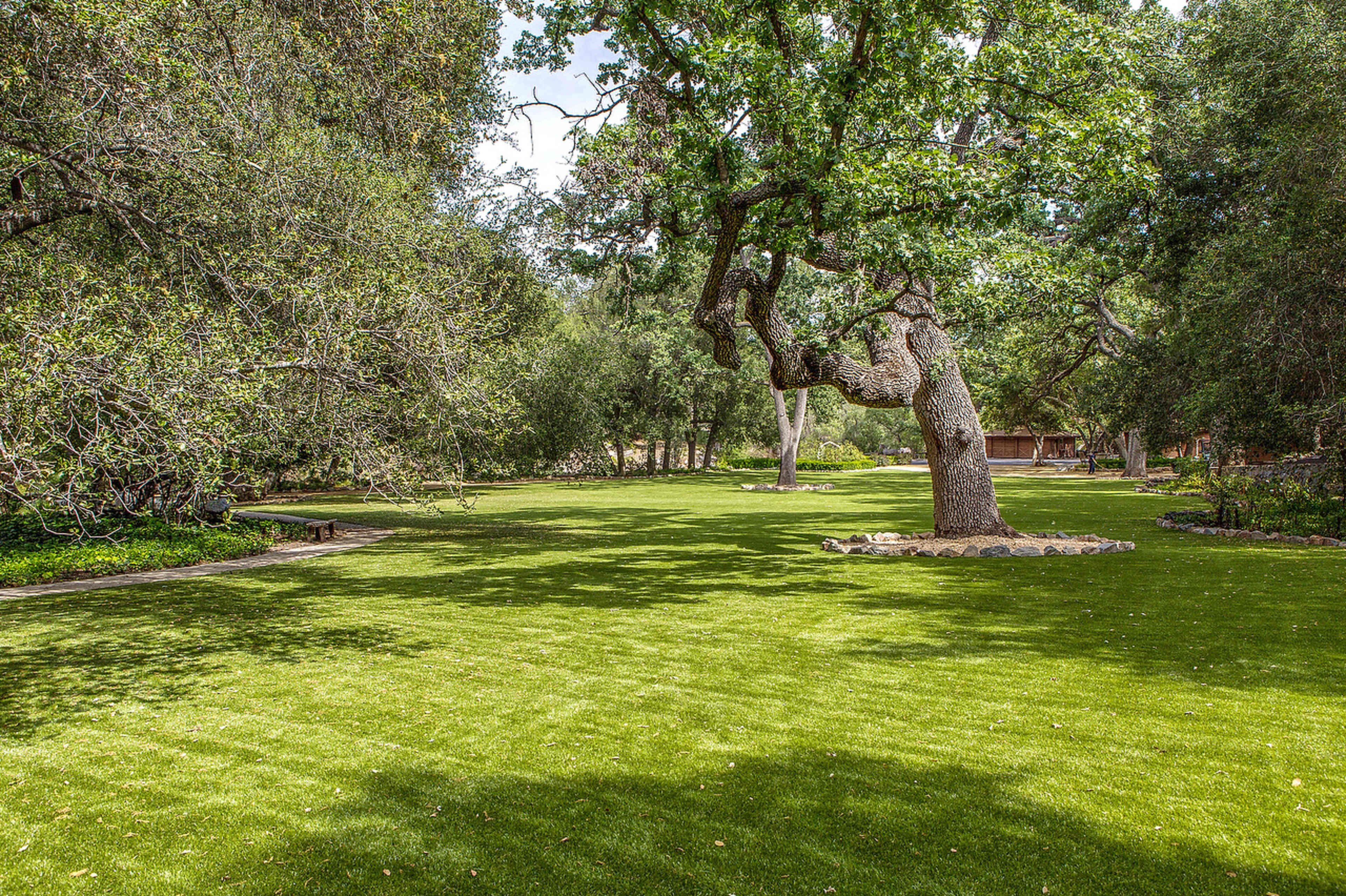 The image shows a spacious green lawn surrounded by trees, with a stone-bordered area and a shaded seating space in the background.