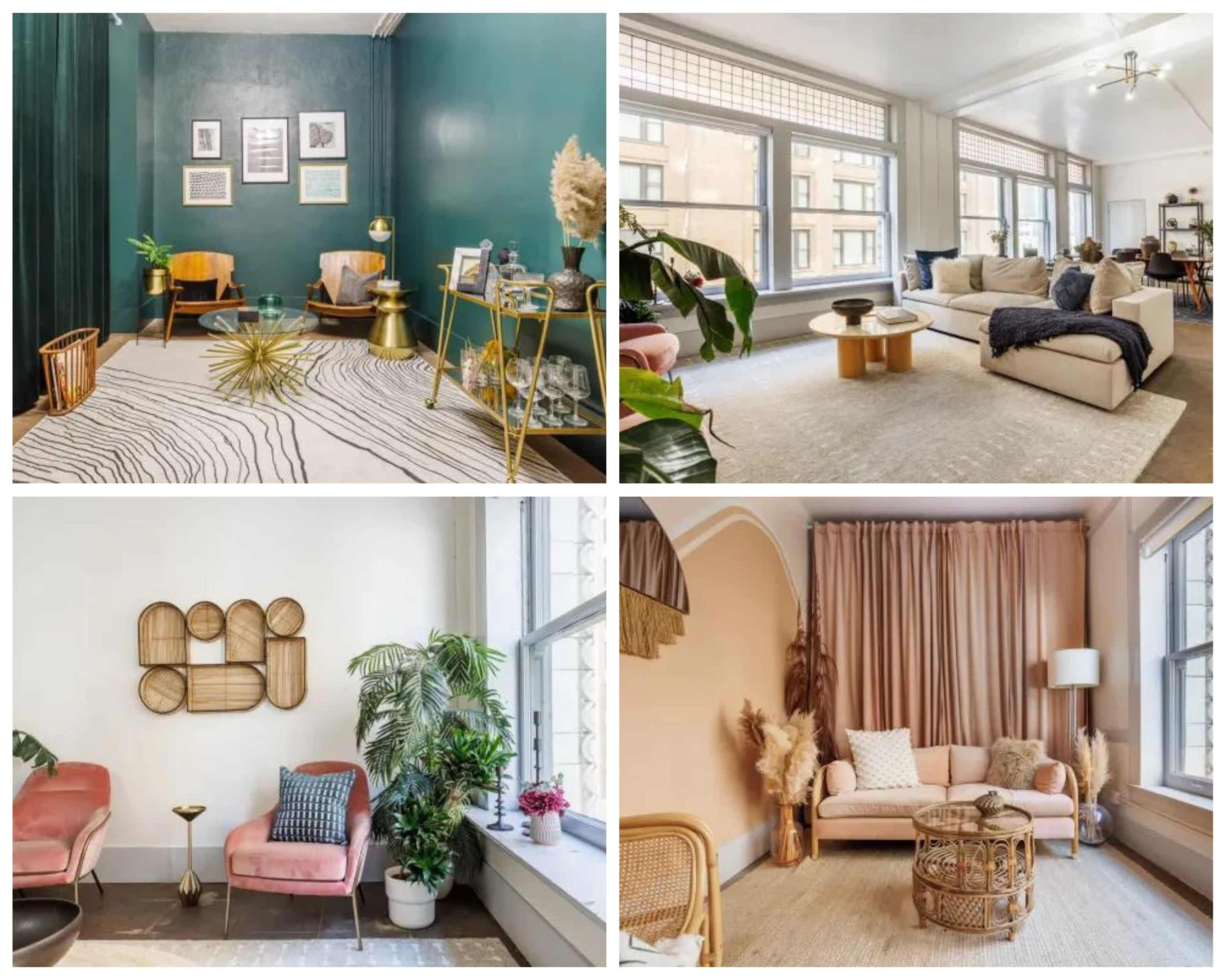 The image displays four distinct interior design settings featuring modern furniture, varied color schemes, and decorative elements such as plants and rugs.