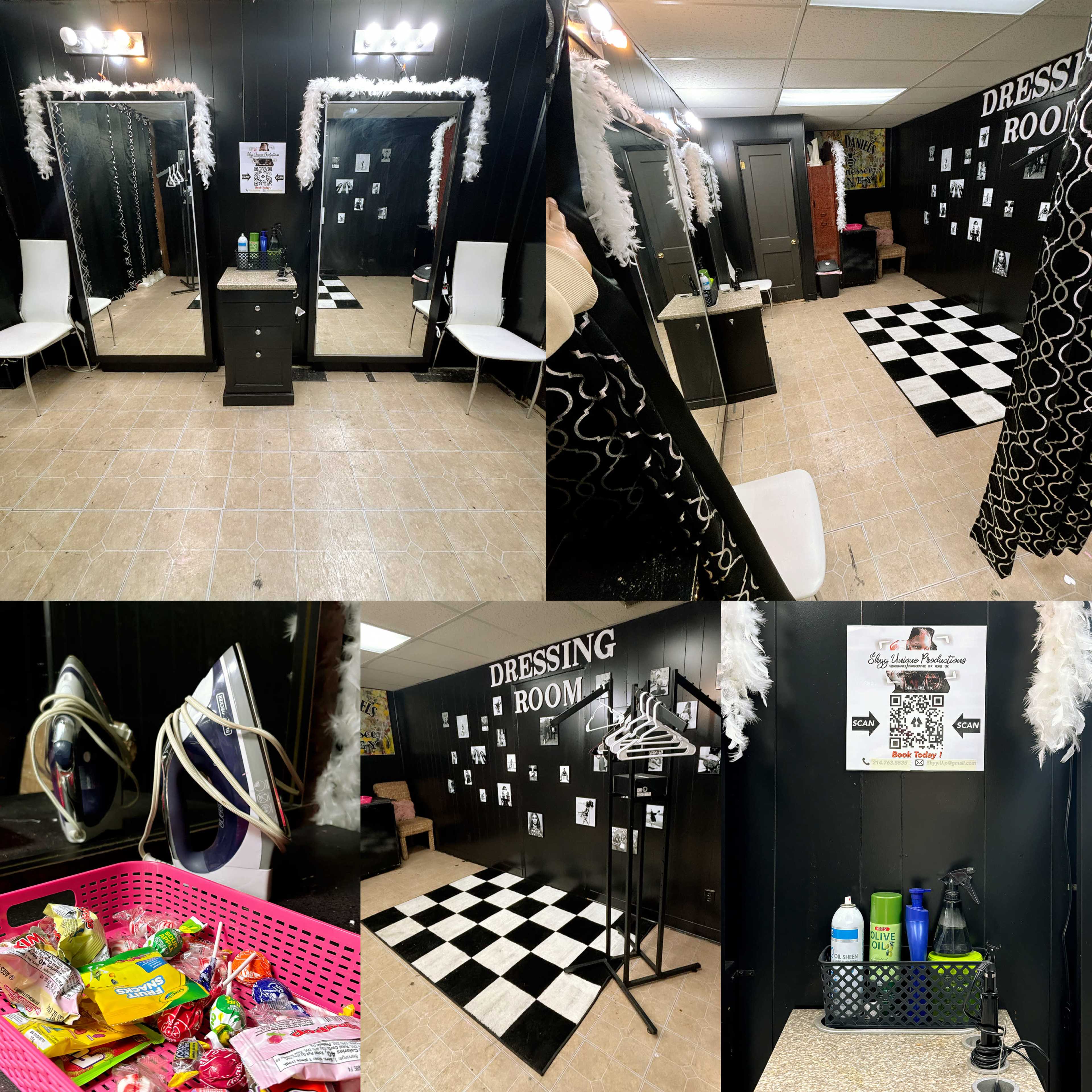 The image shows a dressing room with black walls, mirrors, and a checkered floor, featuring seating and various props like clothing racks, an iron, and a basket of snacks.