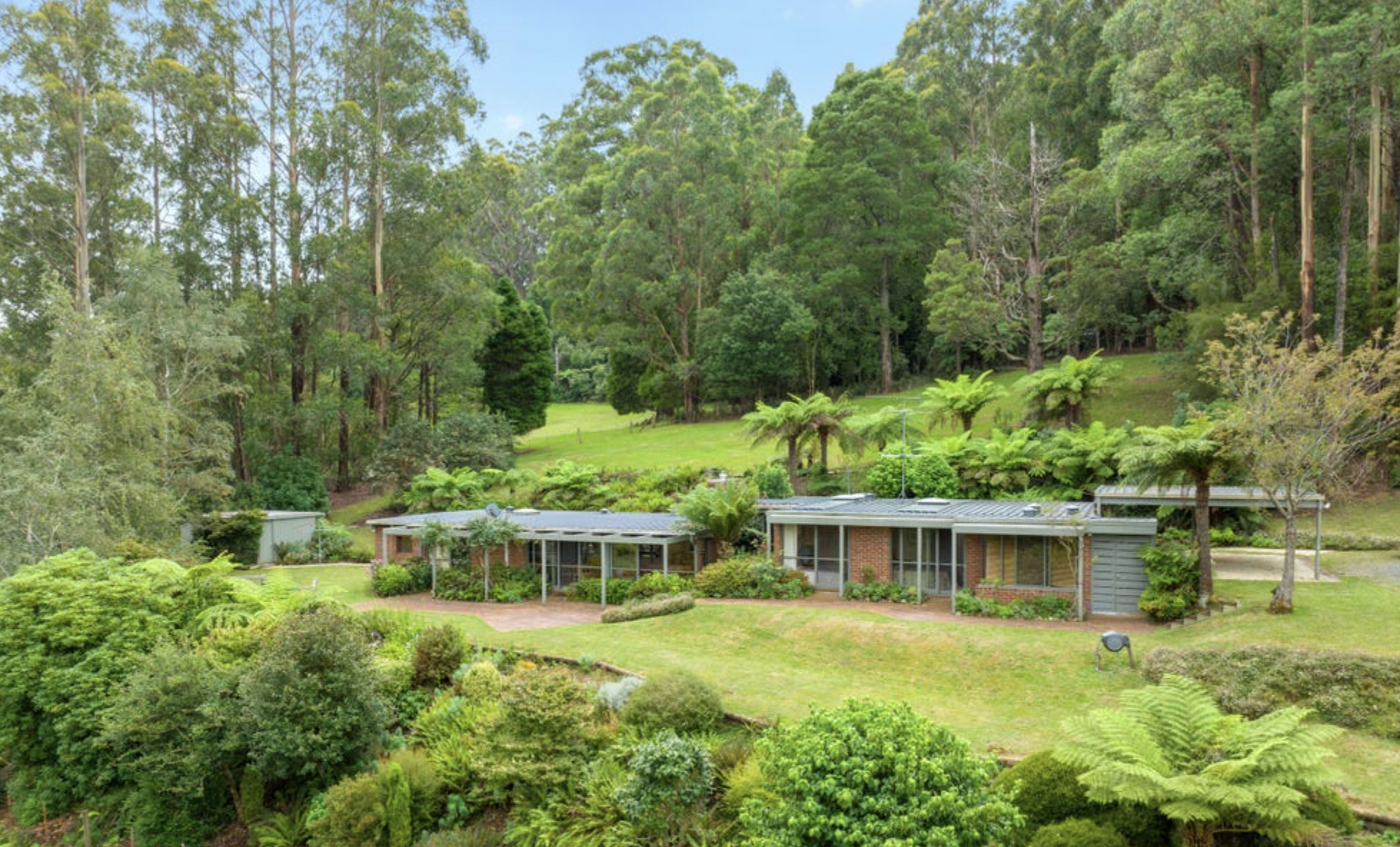 A modern house is situated in a lush green landscape surrounded by trees and shrubs.
