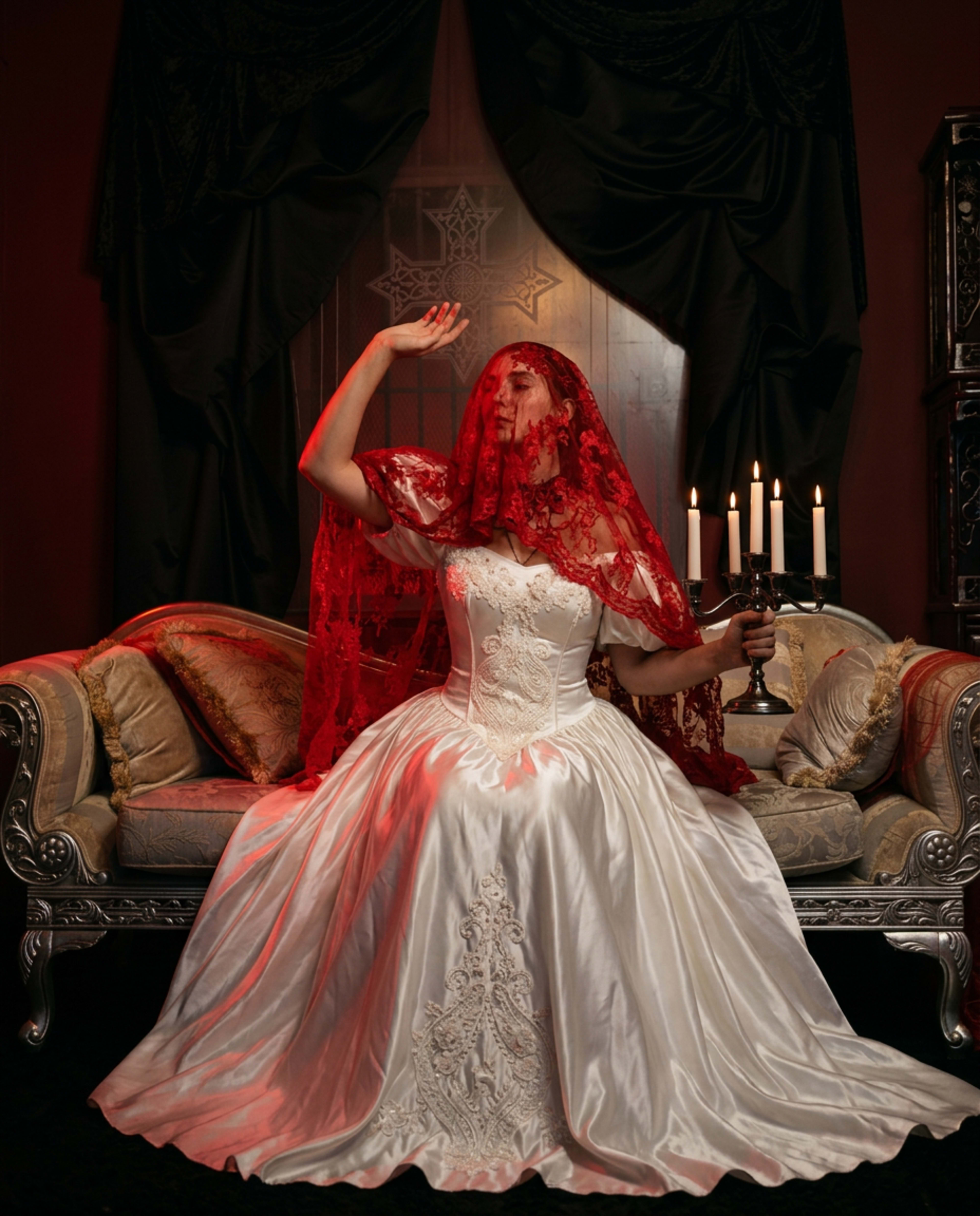 A woman in a white gown with intricate embroidery sits on an ornate sofa, holding a candlestick, while wearing a red lace veil.