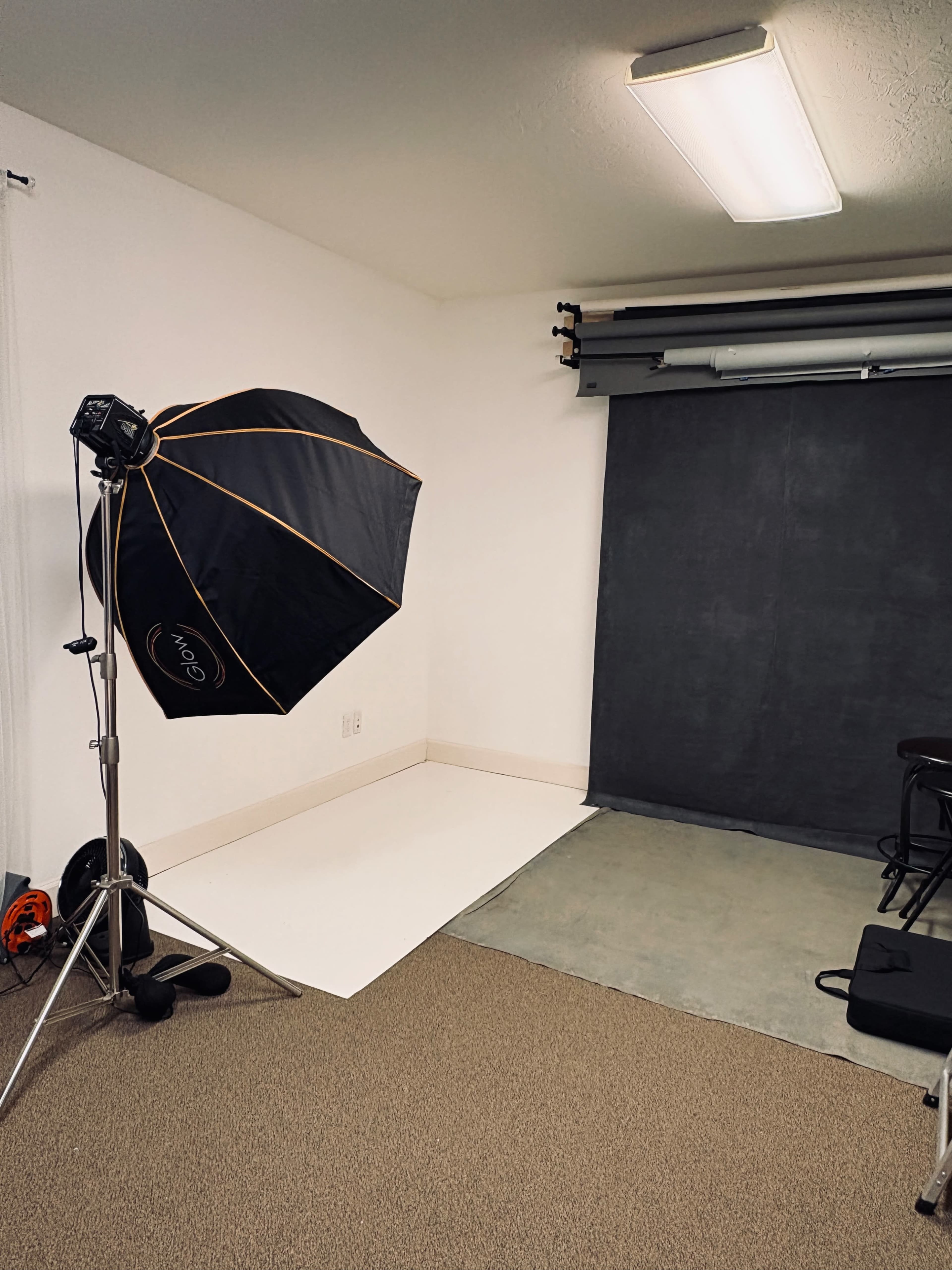 The image shows a photography studio setup with a softbox light on a stand, a backdrop hangar with a dark backdrop, and a white floor area.