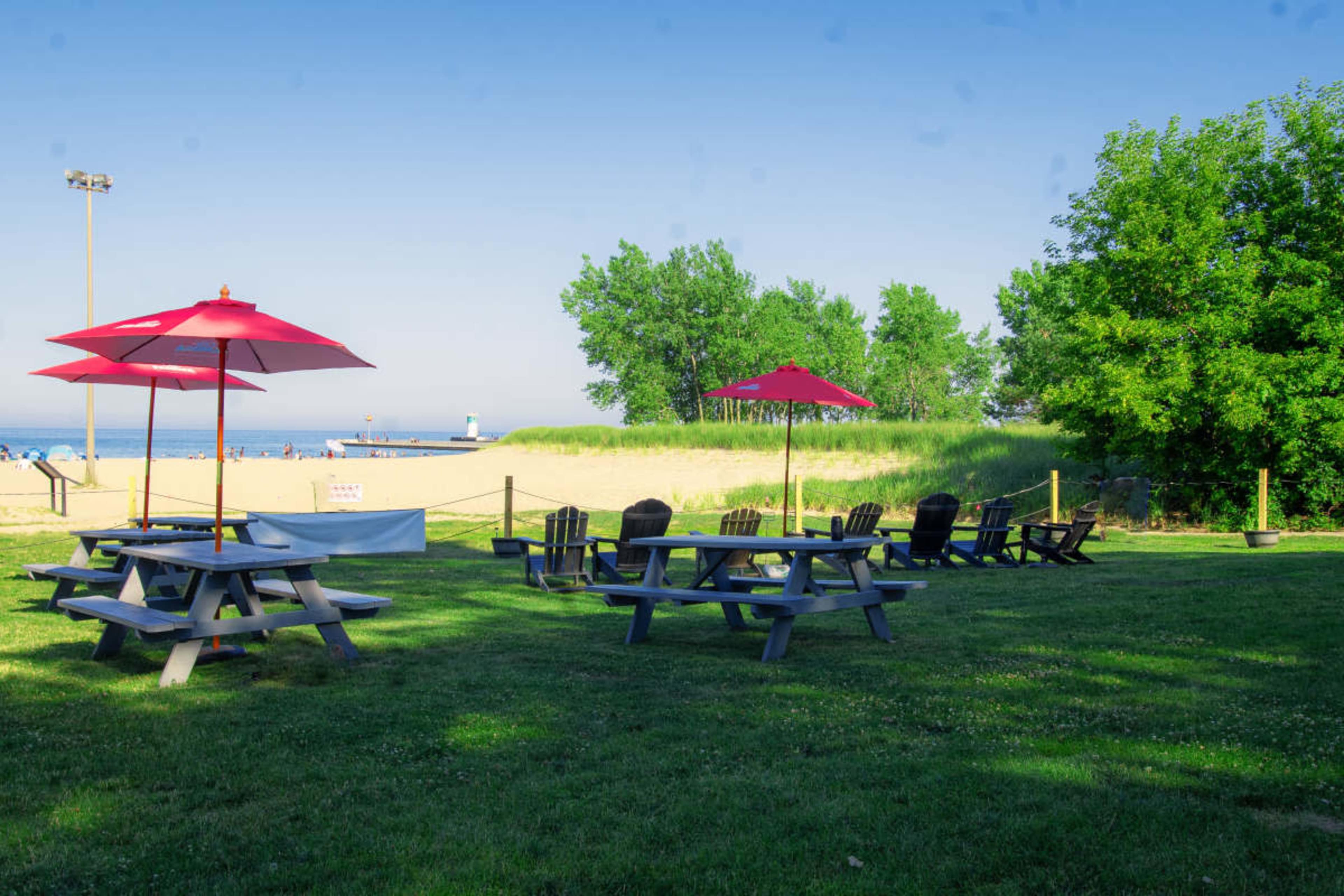 The scene shows a grassy area with picnic tables and red umbrellas overlooking a beach in the background.