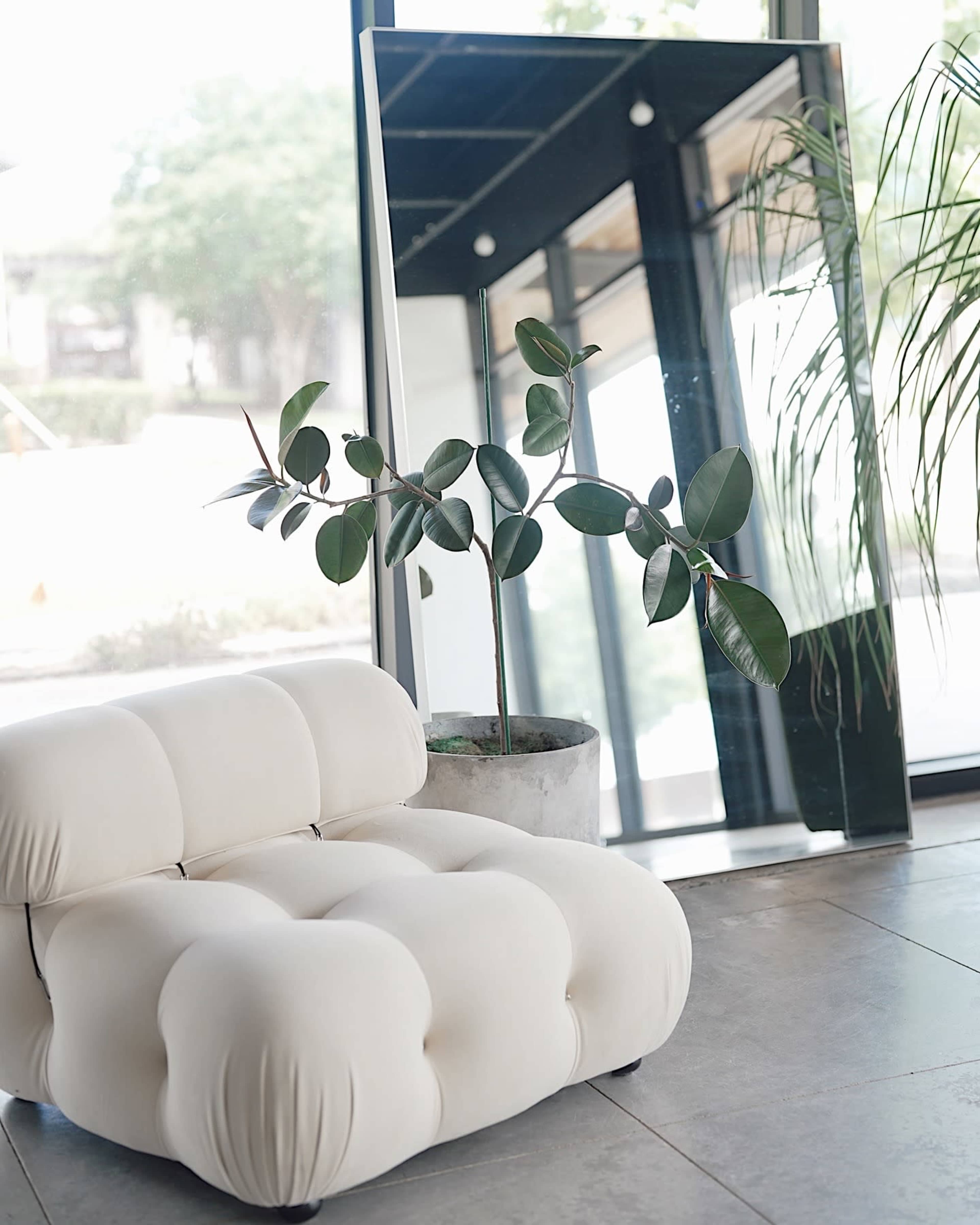 A light-colored, modern sofa sits next to a large mirror and a potted plant in a well-lit room.