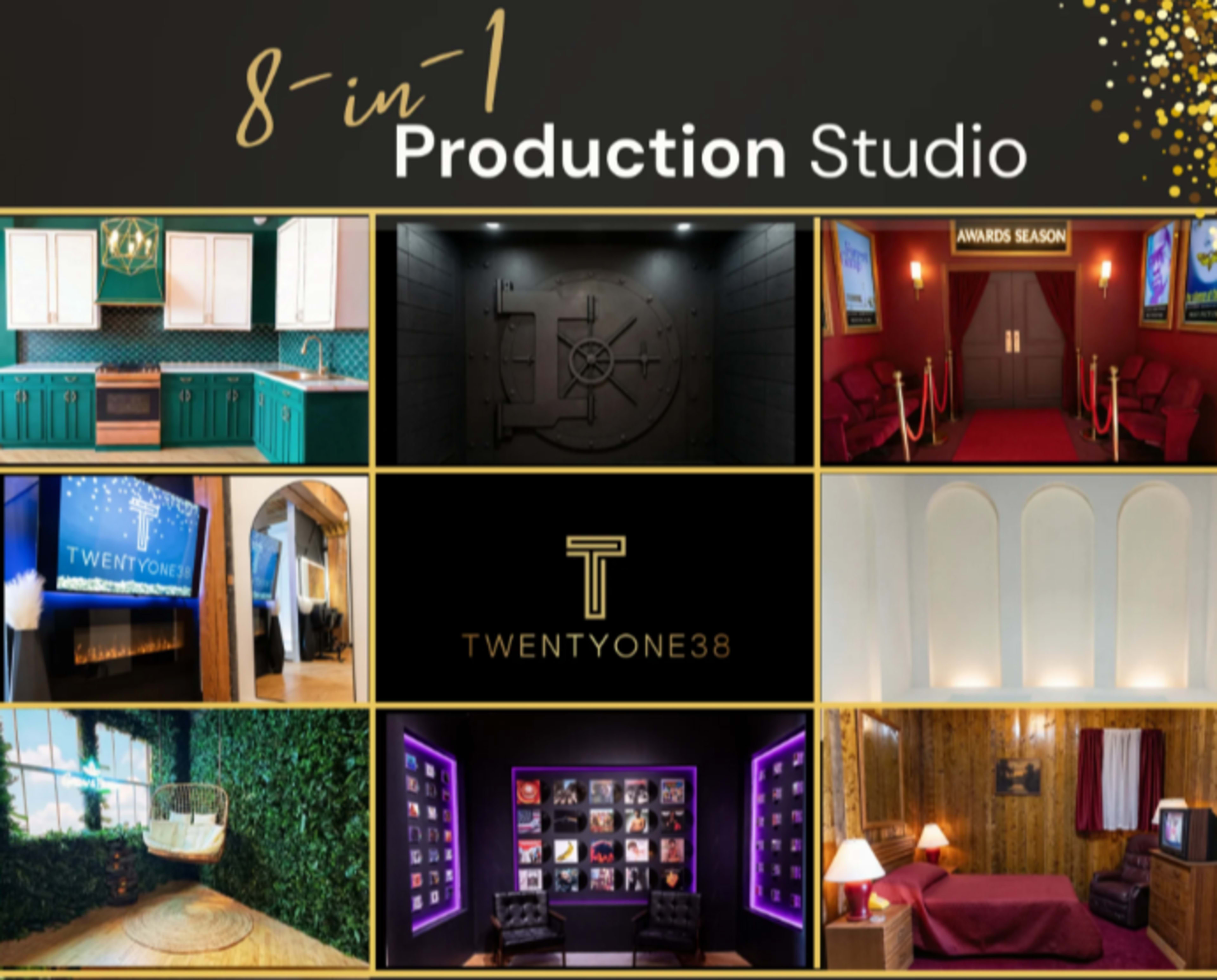 The image features a collage of nine distinct scenes showcasing various setups within a production studio labeled "8-in-1 Production Studio."