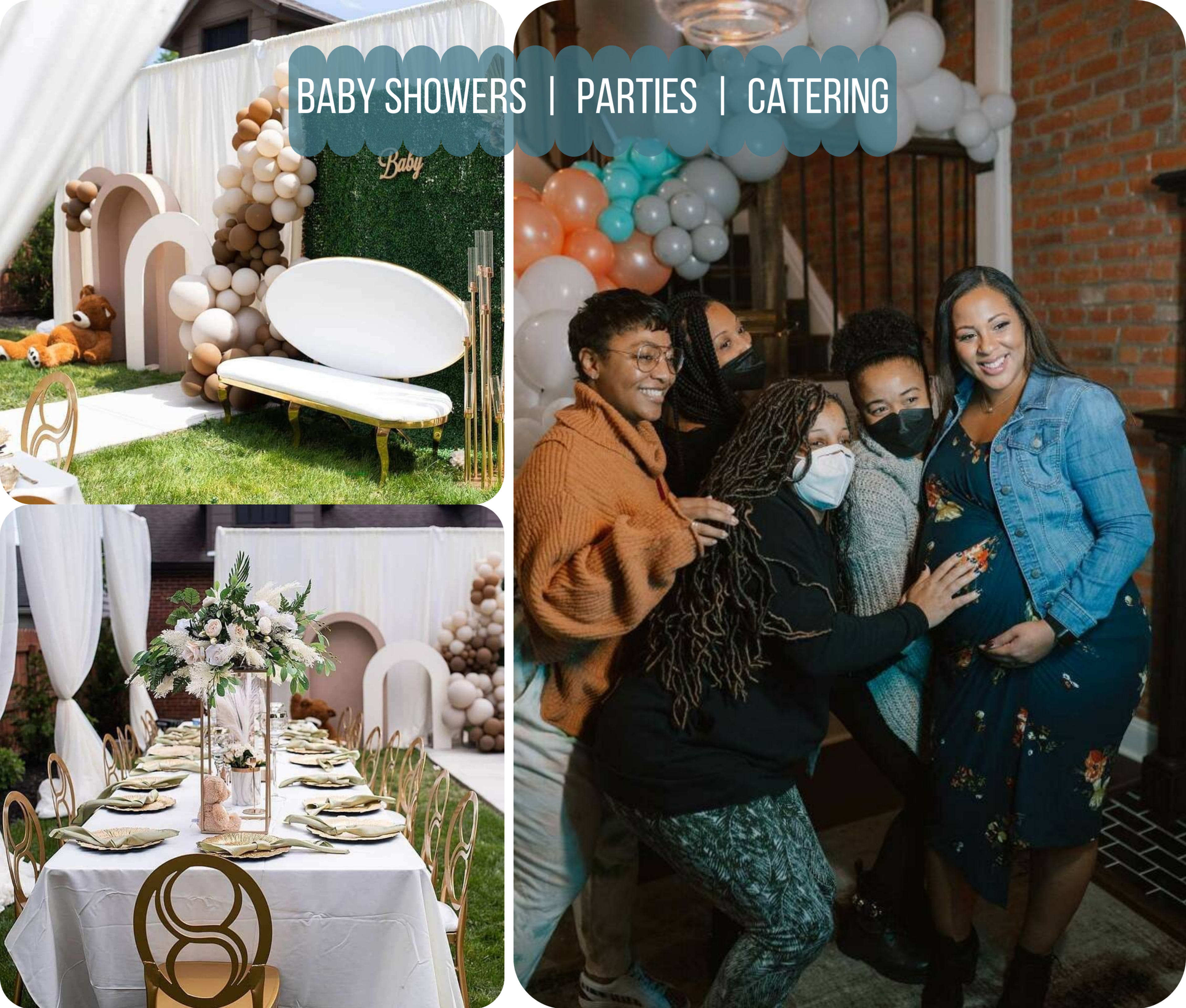 A stylish event setup for a baby shower, featuring a decorated outdoor area with balloons, seating, and a dining arrangement, along with a group of smiling people posing together.