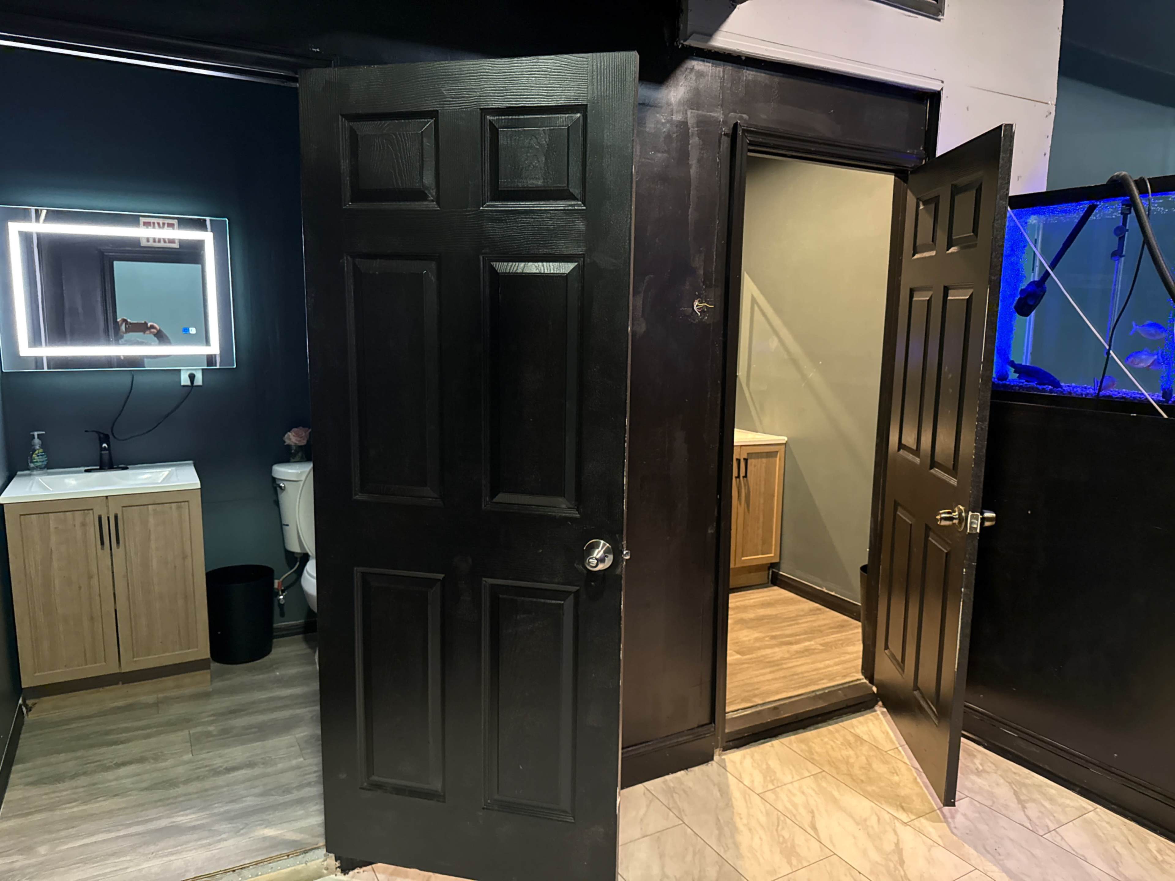 The image shows a corridor with two open black doors leading to separate rooms, including a bathroom and a space with cabinetry, alongside a visible aquarium.