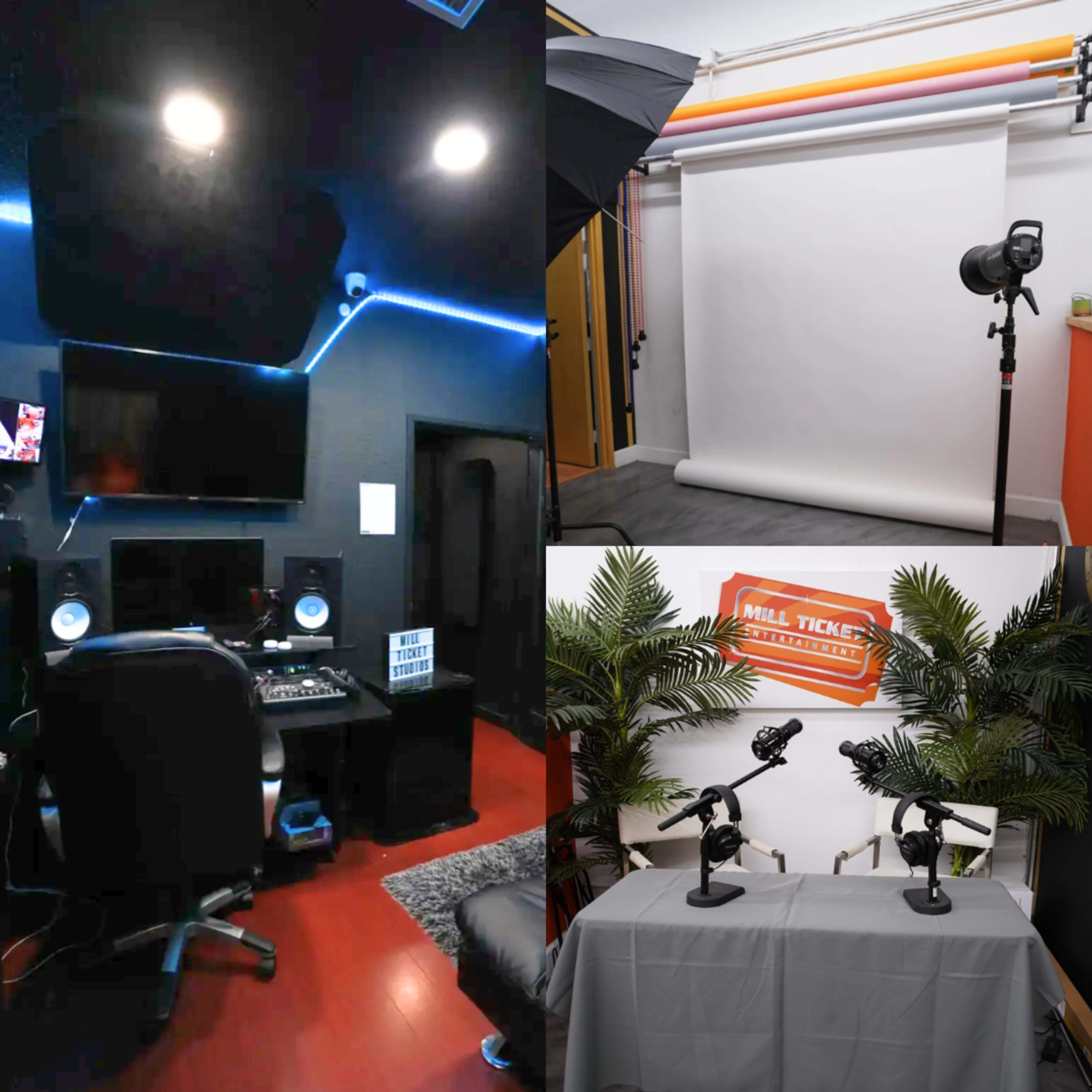 The image showcases a multimedia studio featuring a black office space with sound equipment, a photography setup with backdrop rolls and lights, and a table with microphones and decorative plants.