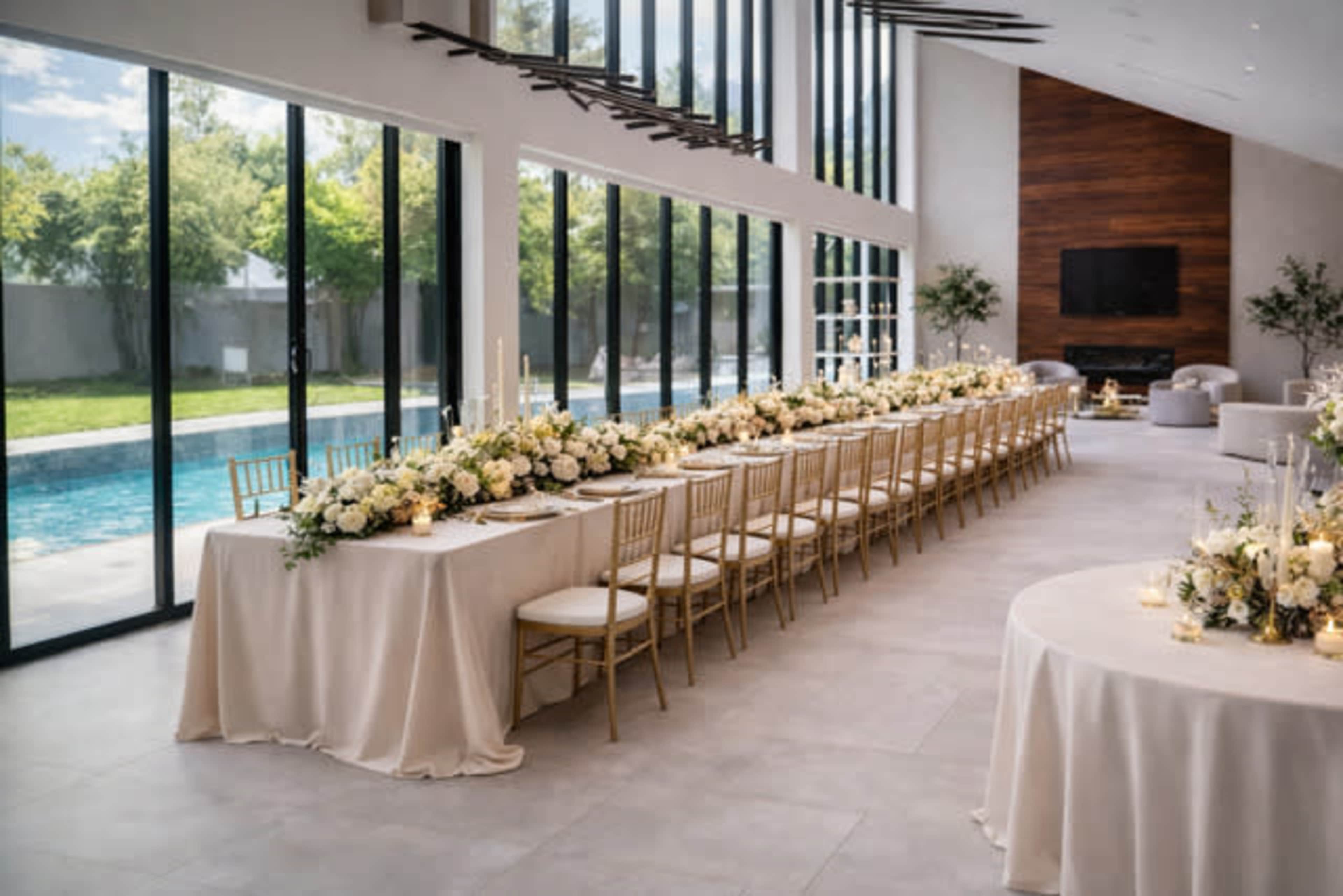 The image shows a beautifully arranged indoor dining area with long tables set for a wedding reception, featuring floral centerpieces and large glass windows that overlook a pool and greenery outside.