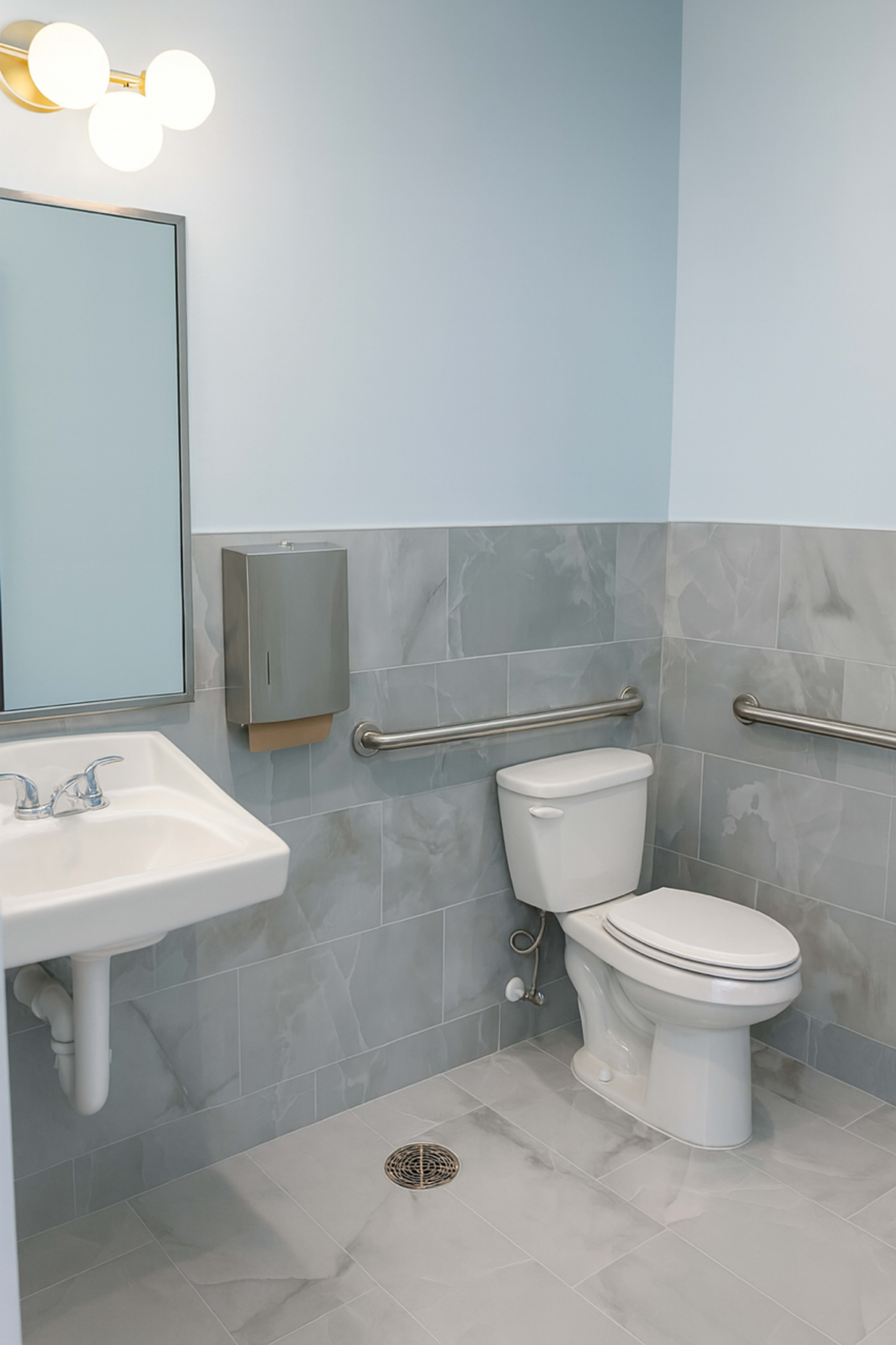 The image shows a clean restroom with a wall-mounted sink, a toilet, grab bars, and tiled walls and floor.