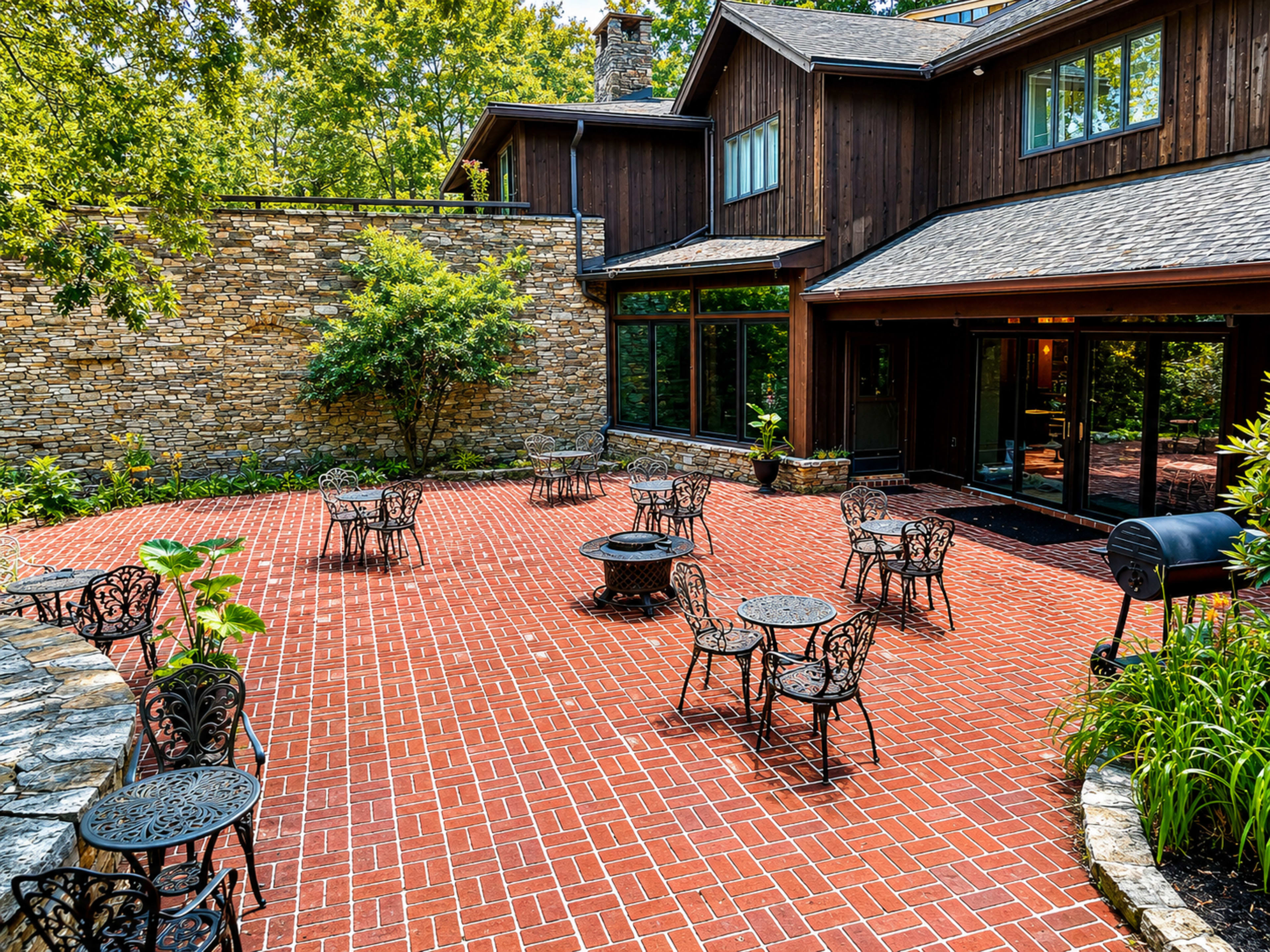 The image shows a brick patio surrounded by green trees, featuring several metal chairs and tables arranged in a spacious outdoor setting.